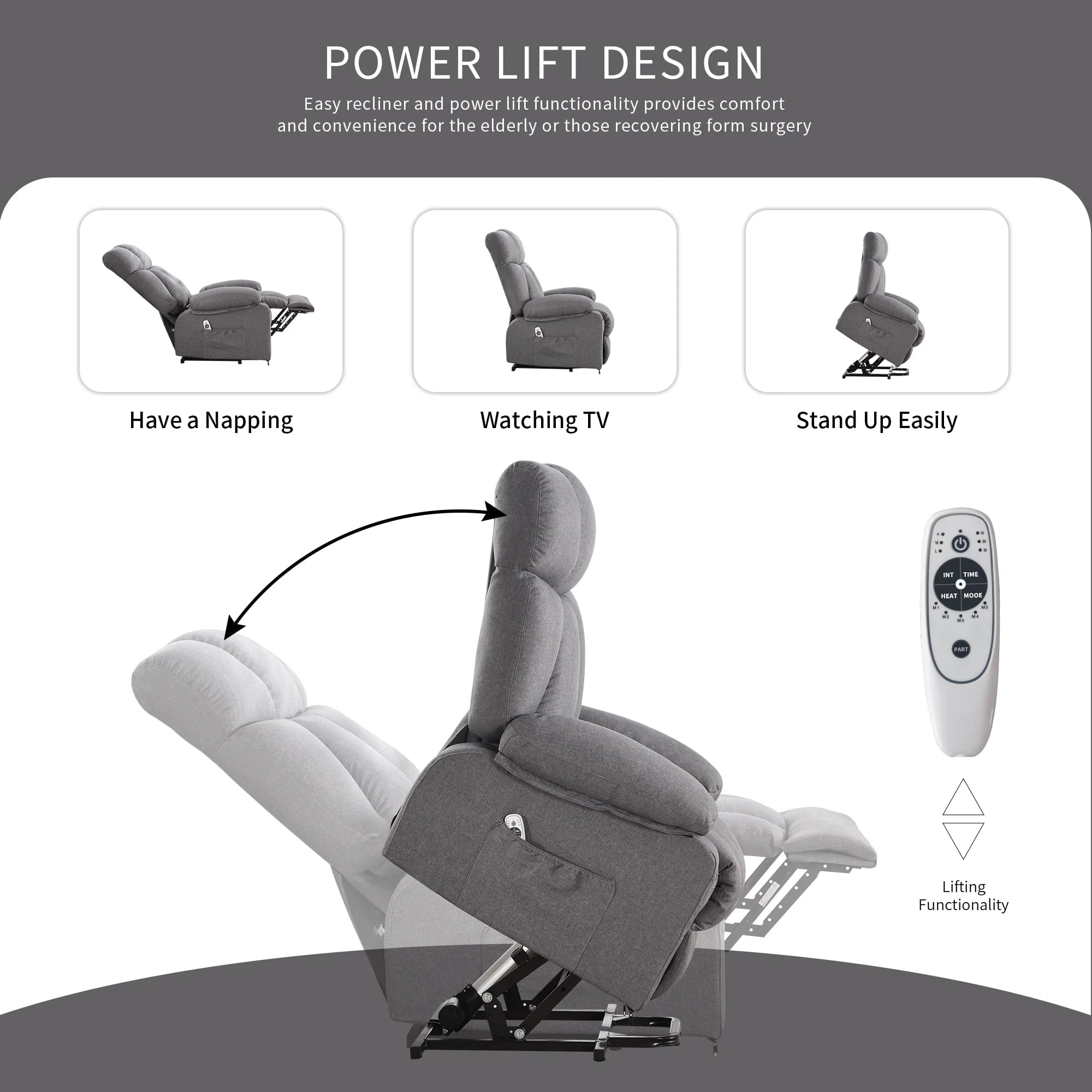 JONPONY Power Lift Recliner Chair Recliners for Elderly with Heat and Massage Recliner Chair for Living Room with Infinite Position and Side Pocket,USB Charge Port,Grey - Image 10