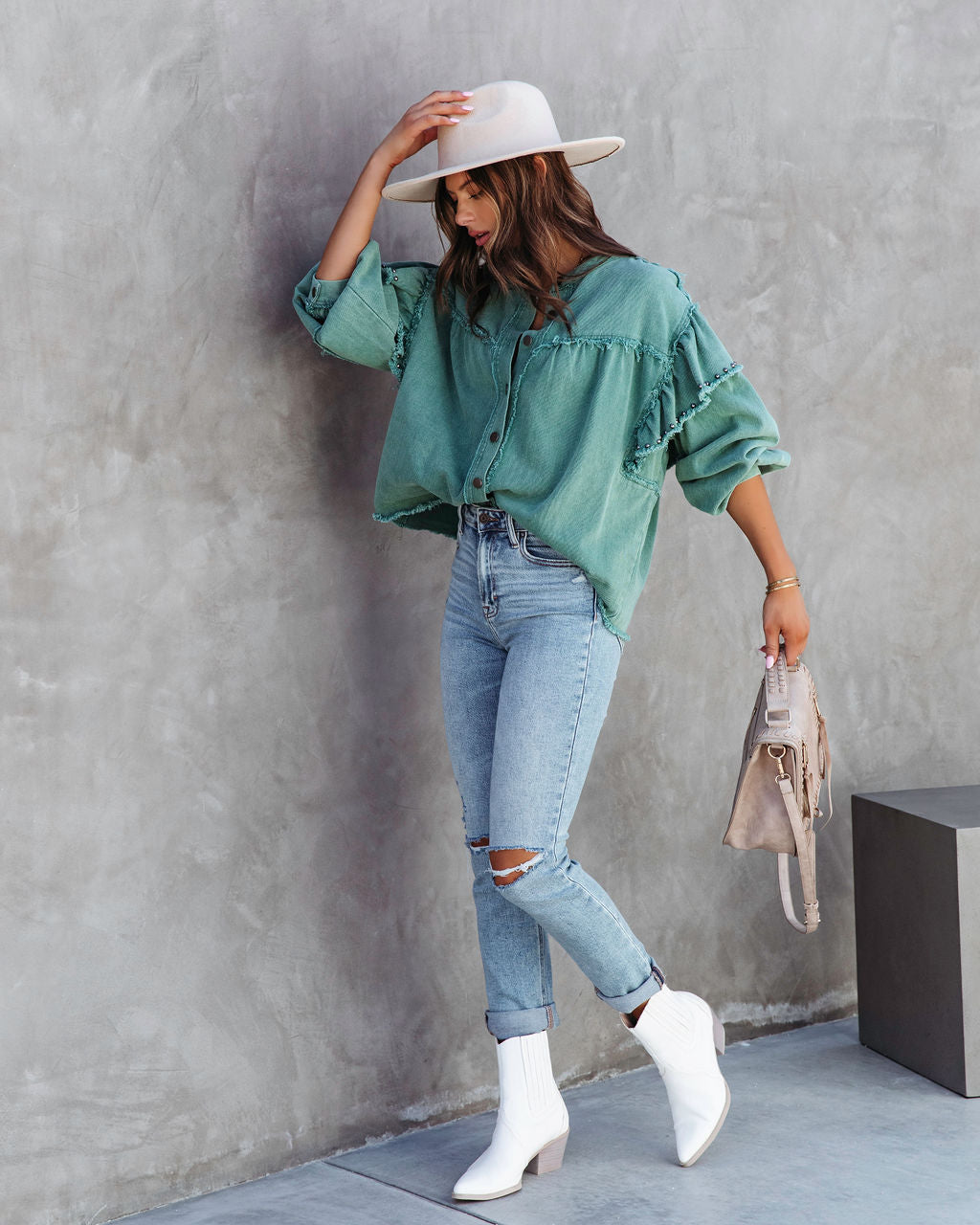 Darcey Denim Studded Frayed Lightweight Jacket - Jade Green - SALE - Se7enfashion