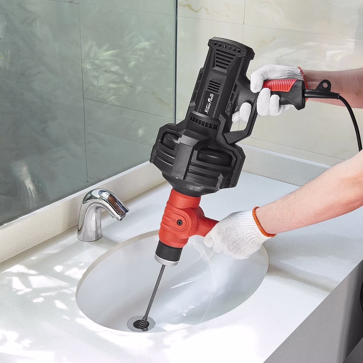 Xtremepowerus Auto Feed Drain Auger Snake - Handheld, 25 Ft, 3/4" - 2" Pipes, Red/Black(2" - 4" Pipes)