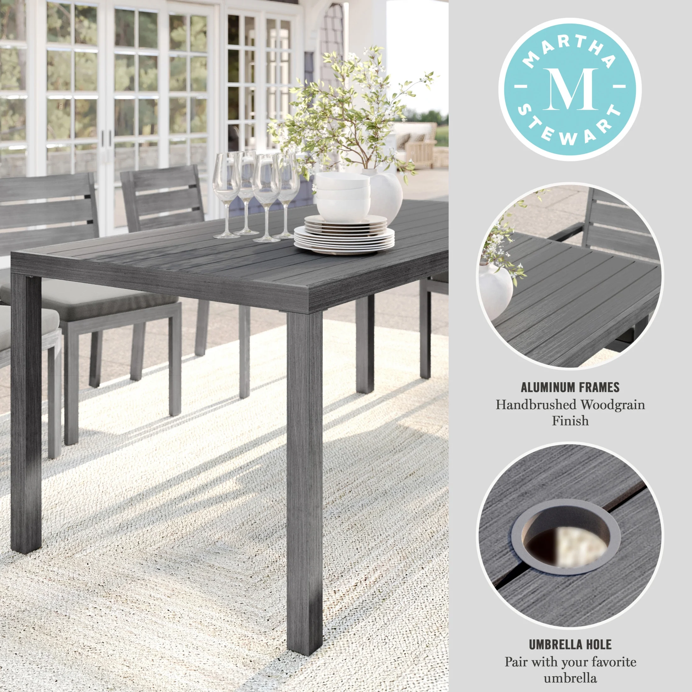 Martha Stewart 71" Indoor-Outdoor Patio Table with Gray Brushed Woodgrain Aluminum Finish - Image 4