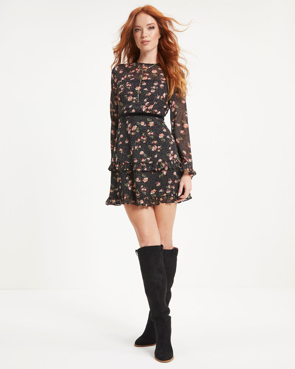 Genesis Floral Tiered Mini Dress - Black - Se7enfashion