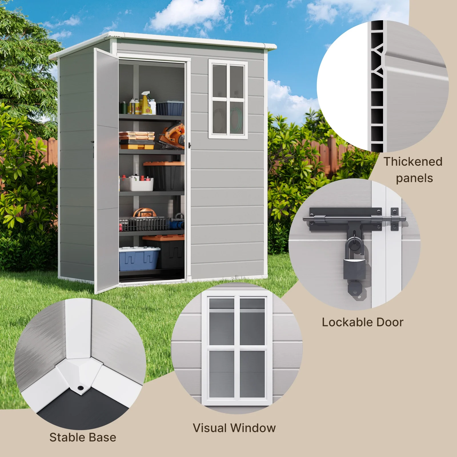 6x4 FT Resin Storage Shed, Lofka Plastic Outdoor Shed with Heavy Duty Floors, 135.6 cu ft, Colorfast, Side Window, Double Lockable Doors for Garden Backyard