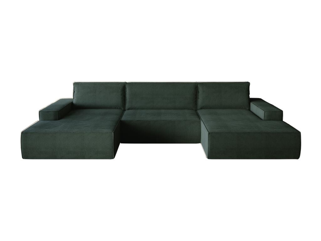 Gran sofá cama rinconera panorámico de terciopelo de canalé verde pino con compartimentos