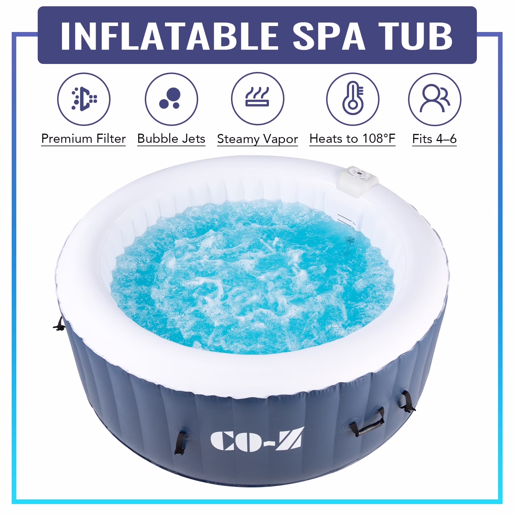 CO-Z 5x5ft PVC Square Inflatable Spa Tub & 120 Massaging Jets for Patio & More for 4-person Blue