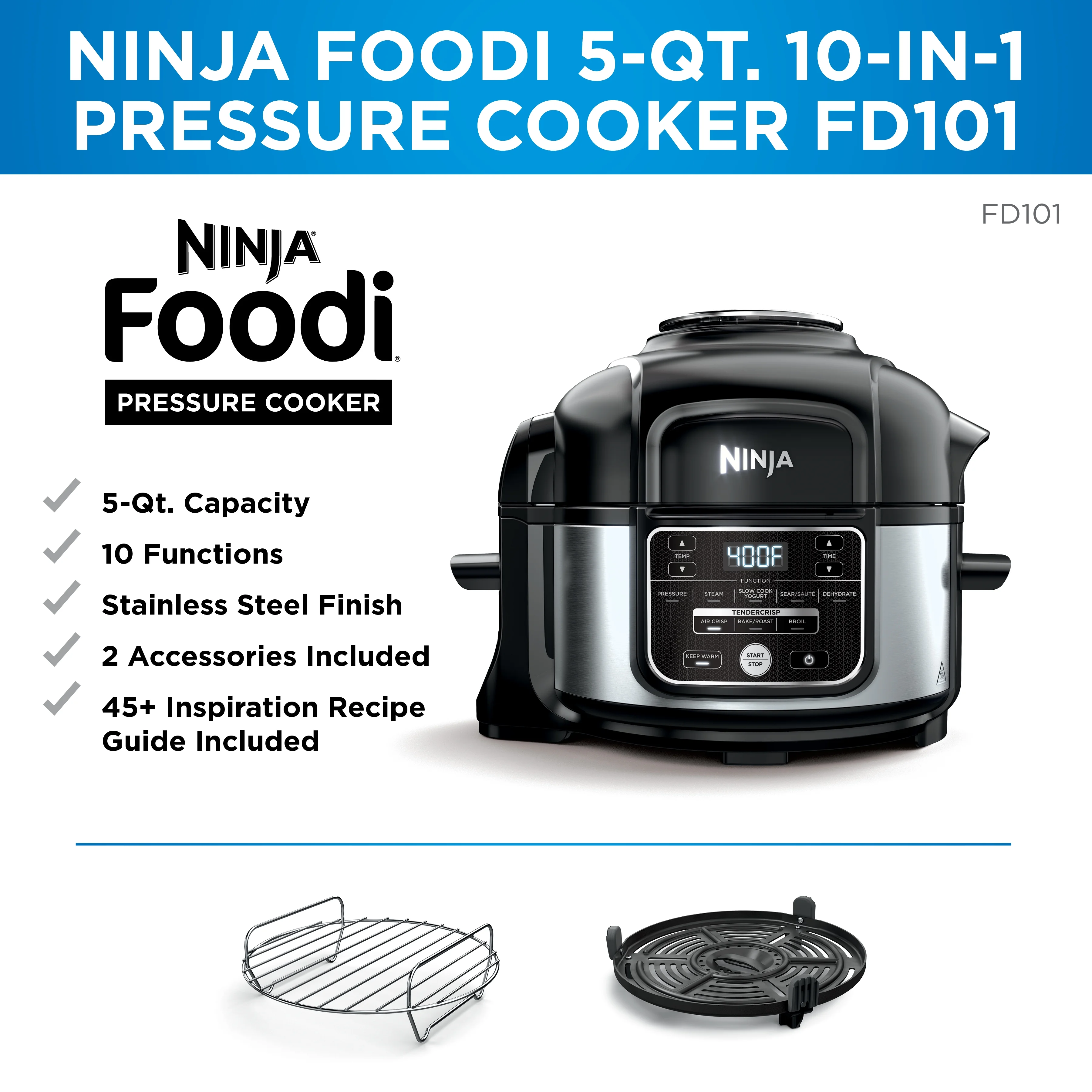 Ninja Foodi 10-in-1 5 Qt Pressure Cooker, Steamer, Bake, Broil, Dehydrate, Air Fryer, Non-Stick, FD101 Stainless Steel - Image 6