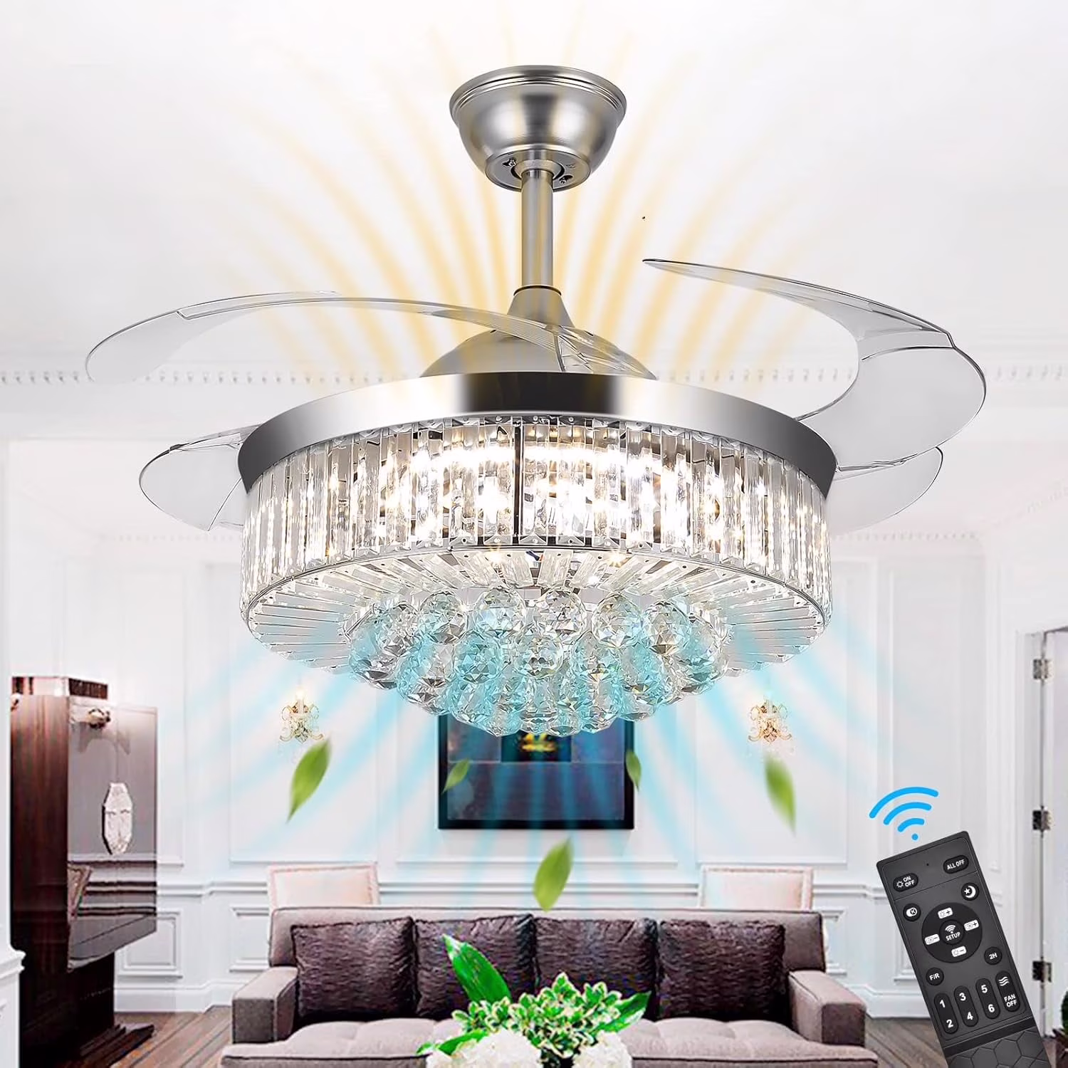 Datingday 42 Inch Crystal Ceiling Fan Golden Crystal Ceiling Fan Chandelier with Remote 6 Speeds 3 Colors Changes Lighting Fixture, 4 Blades Retractable Fans for Bedroom Living Room Dining Room - Image 3