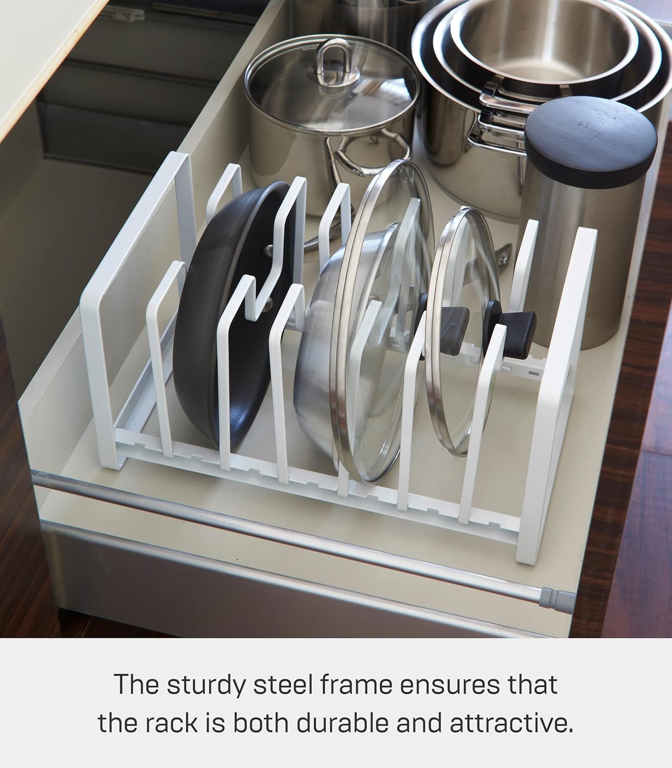 YAMAZAKI Home Tower Under Sink Pot Lids And Frying Pan Storage Kitchen Drawer Organizer Rack - Steel