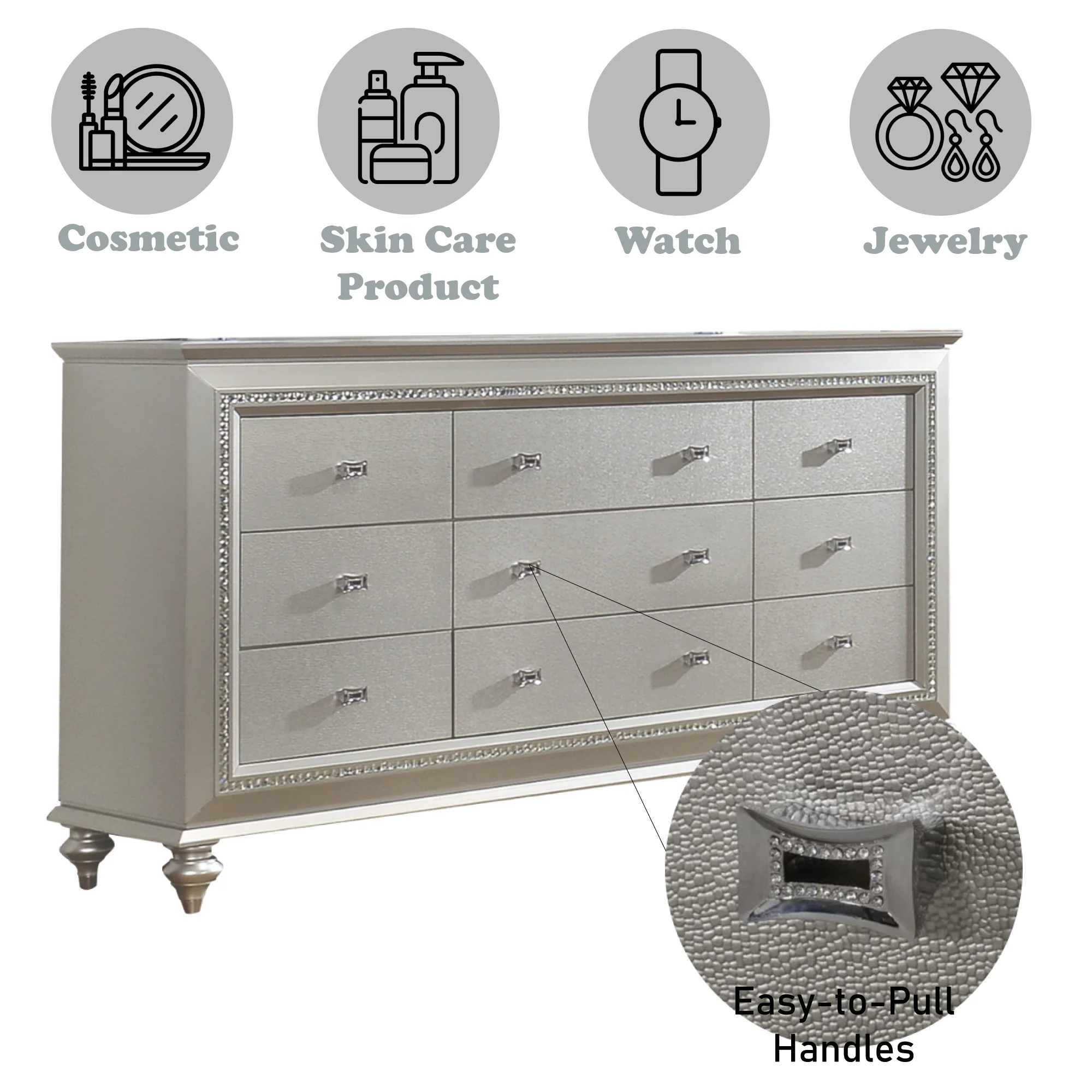 Acme Kaitlyn Dresser with 9 Storage Drawers in Champagne 66"L x 18"W x 39"H - image 2