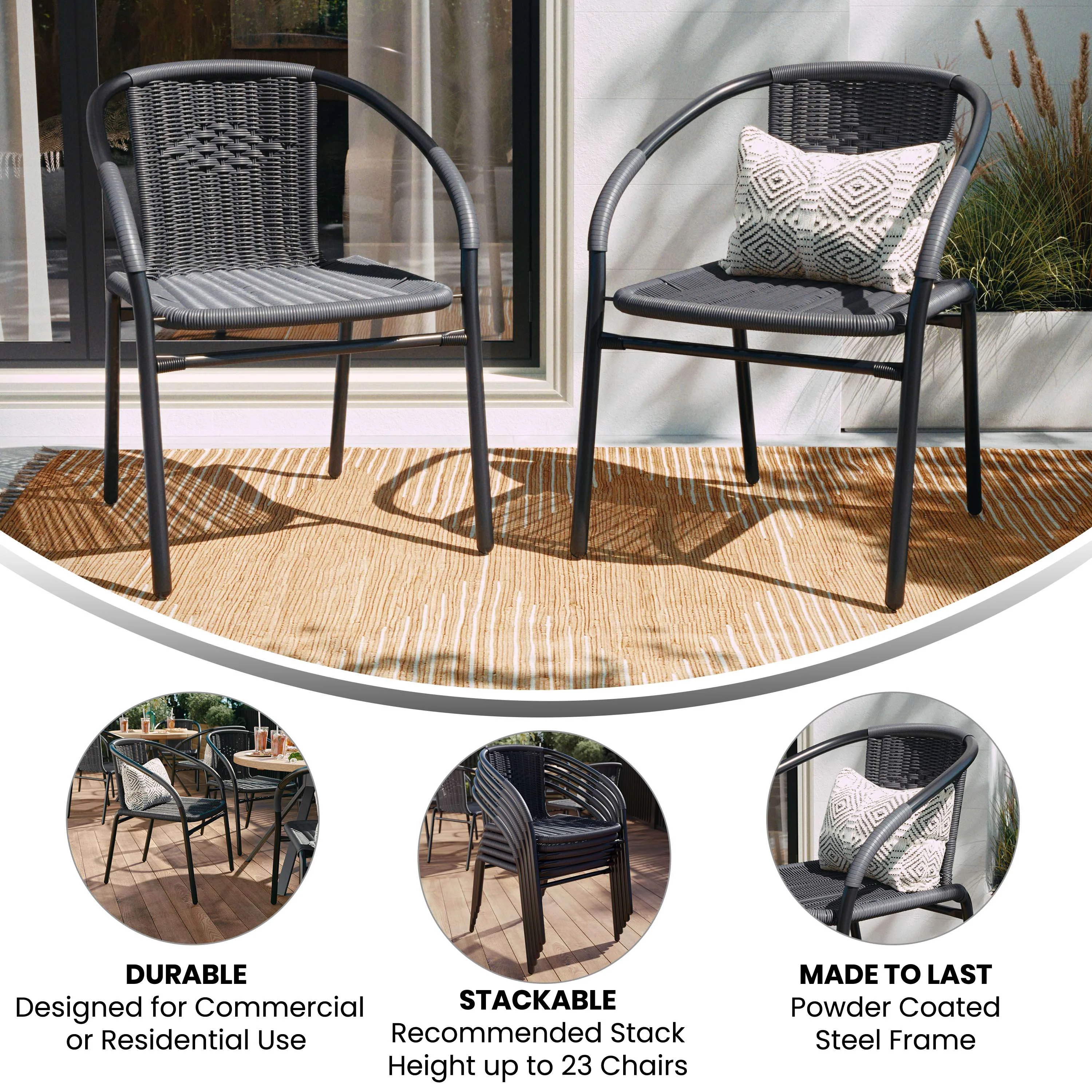 Emma + Oliver Indoor/Outdoor Stacking Rattan Restaurant Patio Chairs, Set of 2, Gray - Image 2