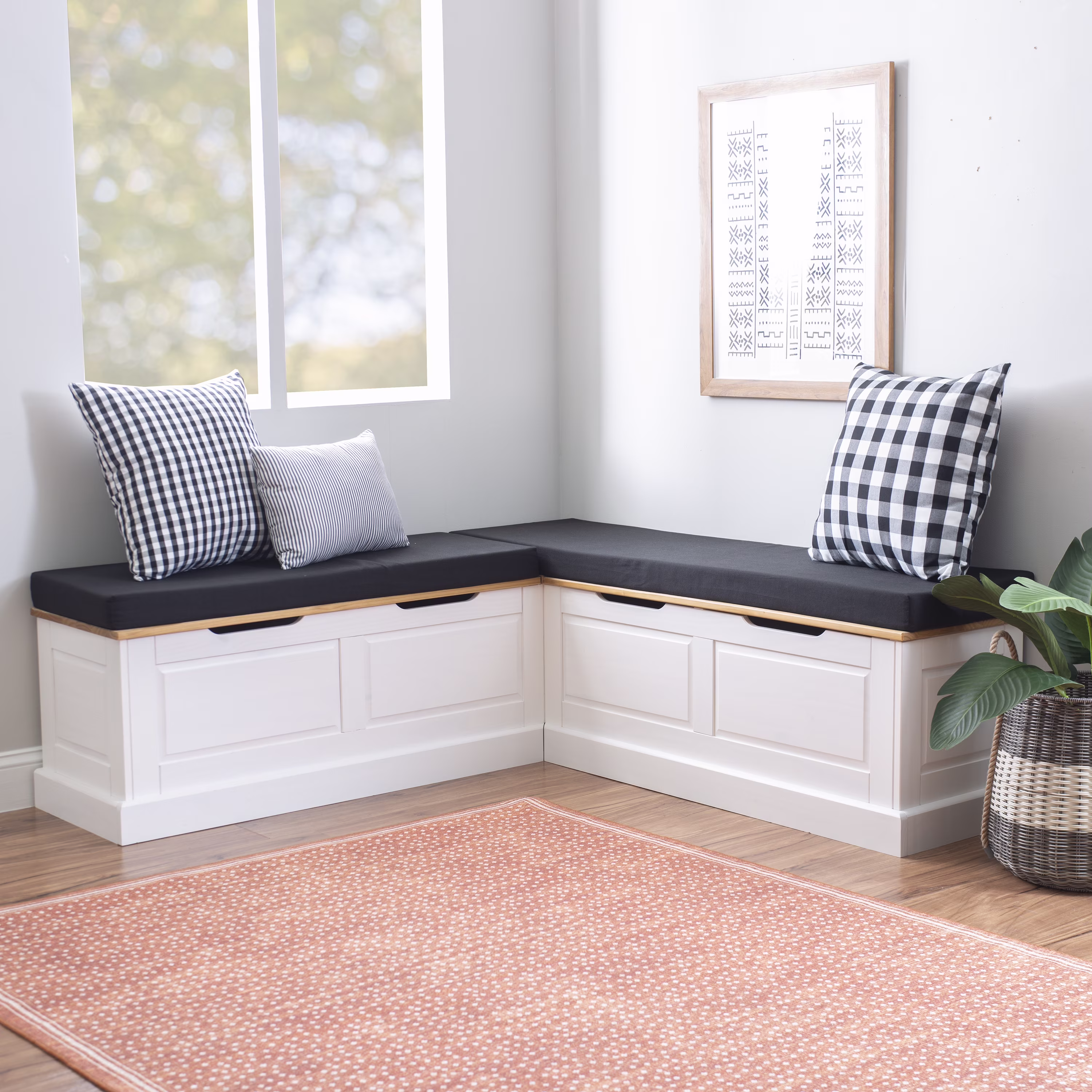 Linon Romero Backless Corner Nook with Storage, 5-Piece Cushion Set, Natural/White/Beige - Image 7