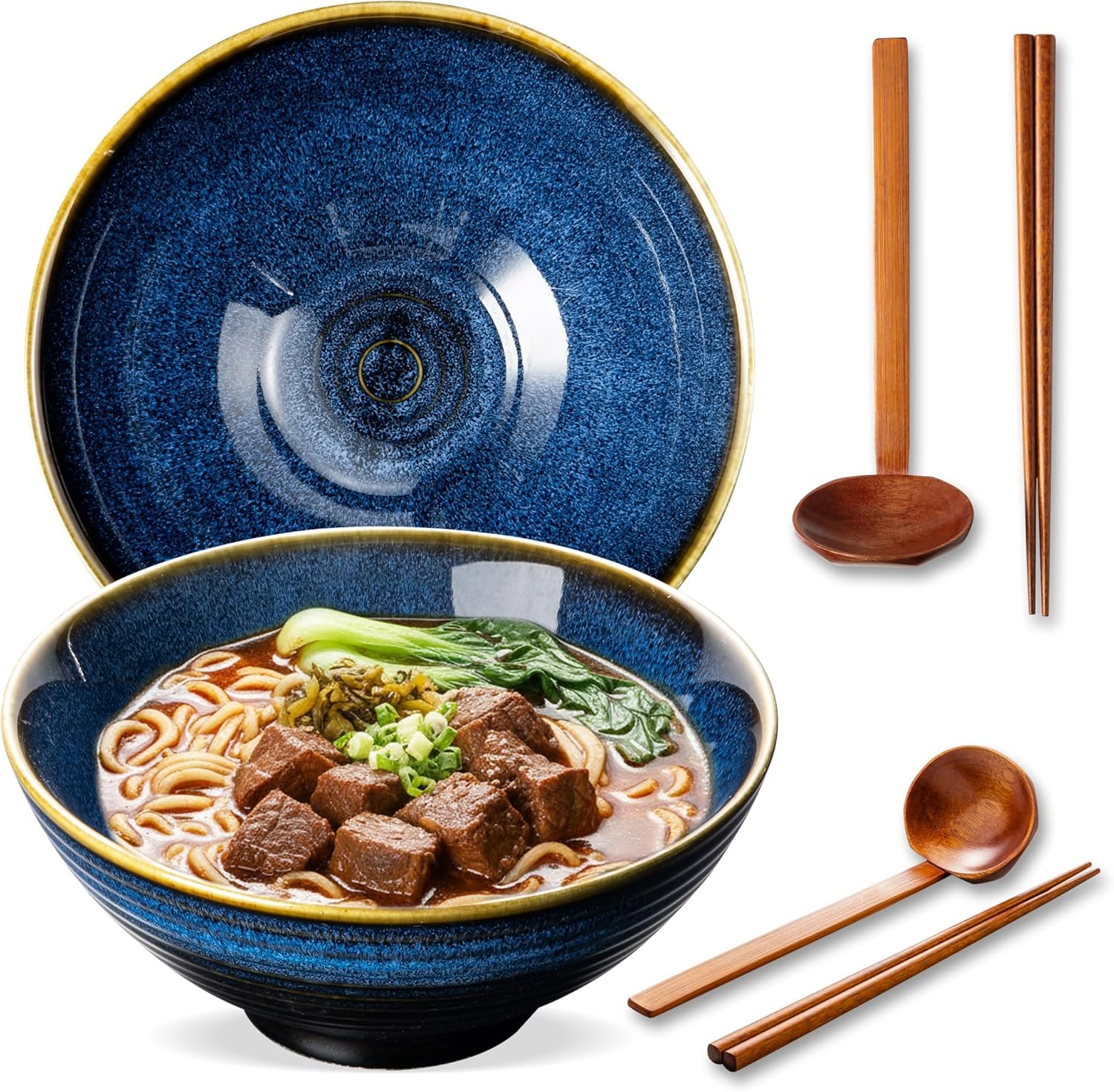 8 Inch Ceramic Ramen Bowl Set of 2, 40oz Japanese Bowls with Spoons & Chopsticks,Durable,Microwave & Dishwasher Safe,Perfect for Ramen,Pho,Salad,Soup,Noodles，Mixing bowls（Verdigris Green）