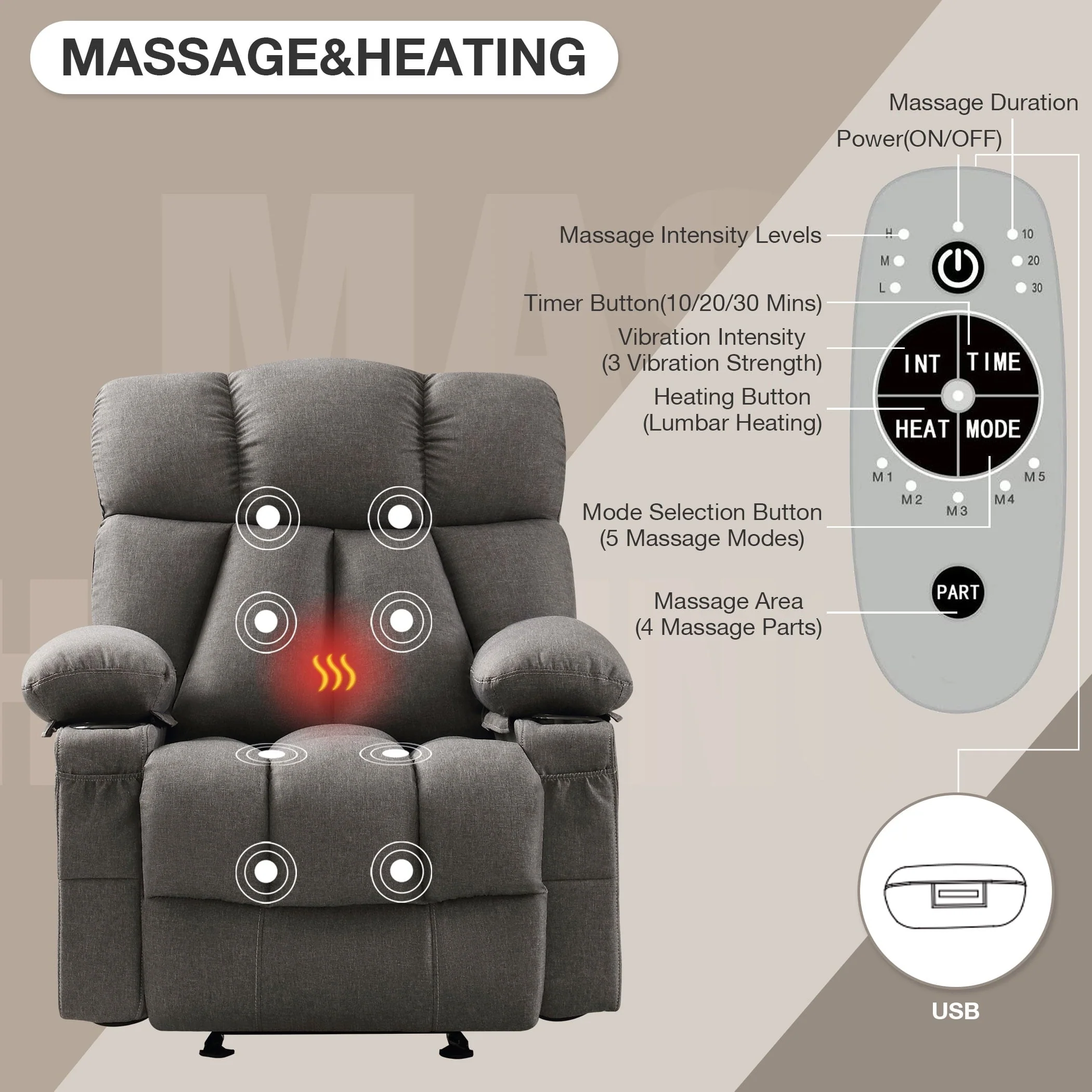 JONPONY Power Lift Recliner Chair Recliners for Elderly with Heat and Massage Recliner Chair for Living Room with Infinite Position and Side Pocket,USB Charge Port,Grey - Image 7