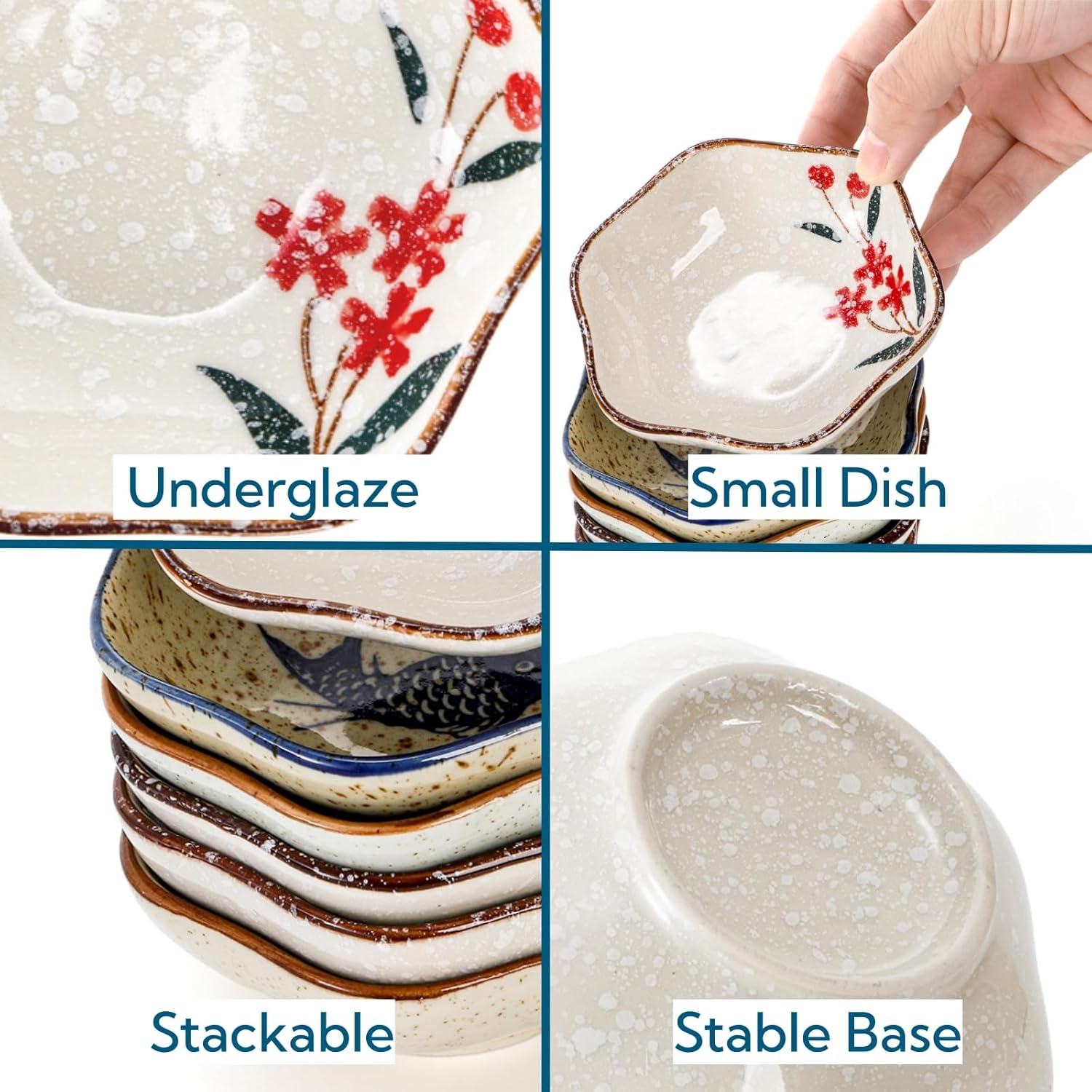 12 Pieces Japanese Sauce Dishes, 4 Oz Ceramic Side Dish Set, Small Flower-shaped Seasoning Soy Dipping Bowl Plate for Sushi, Snack, Appetizer, Kitchen Prep, 6 Patterns