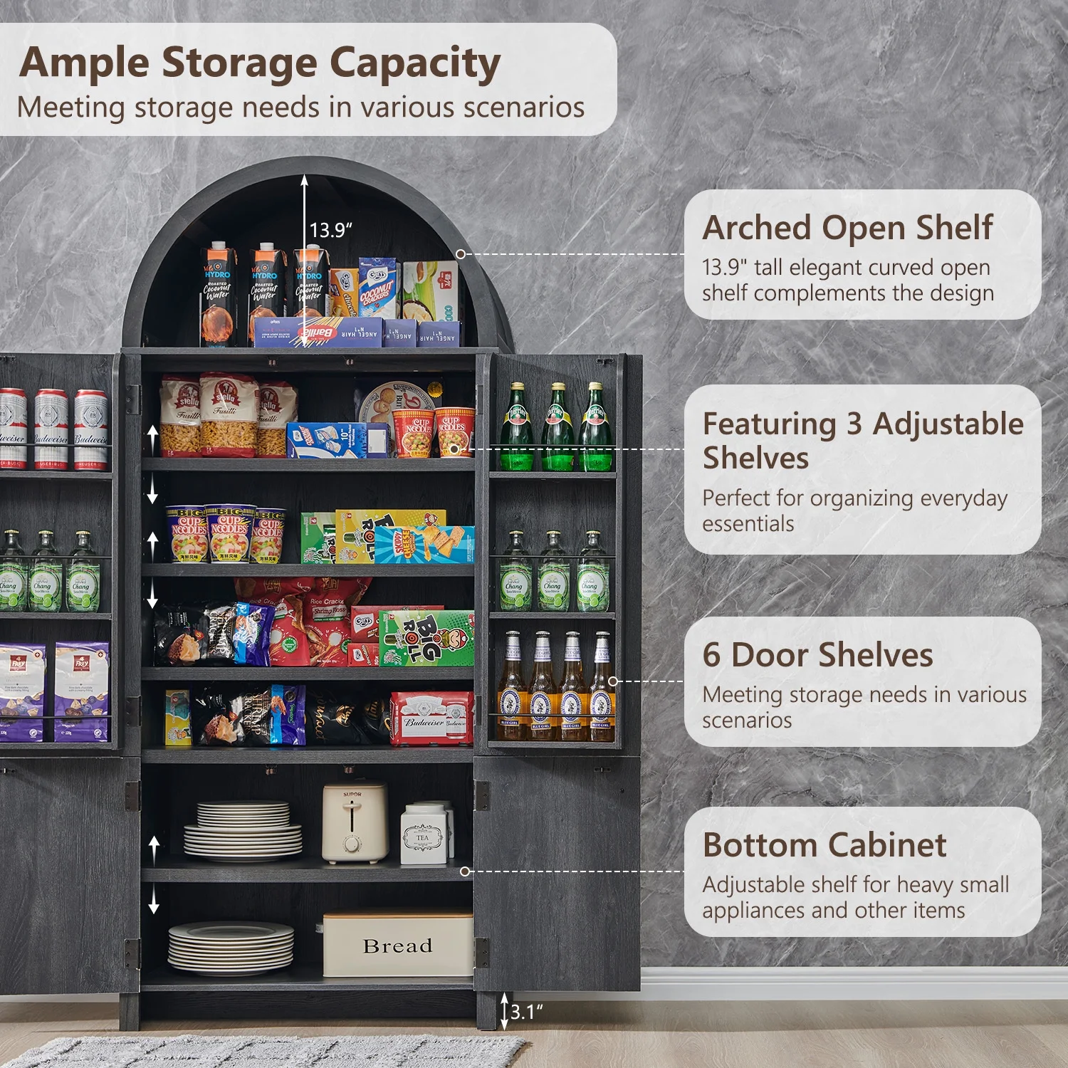 IFGET 71" Tall Arched Kitchen Pantry Storage Cabinet, Large Storage Cabinet with Adjustable Shelves, Pantry Cabinet for Kitchen, Dining Room - Image 12