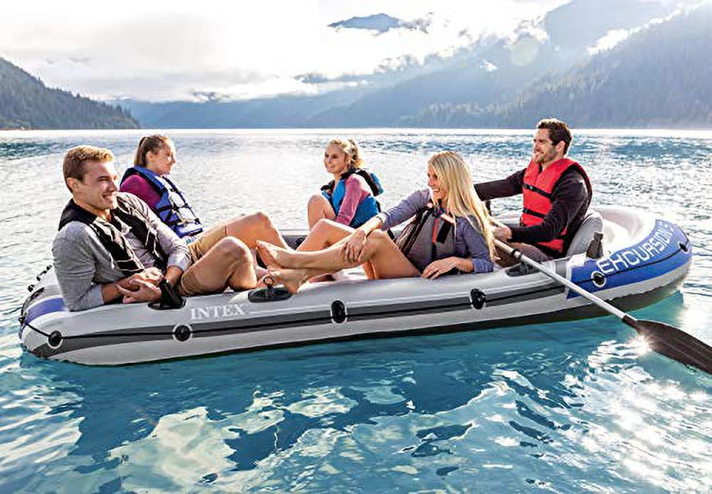 Intex 68325EP Excursion Inflatable 5 Person Heavy Duty Fishing Boat Raft Set with 2 Aluminum Oars & High Output Air Pump for Lakes & Mild Rivers, Gray - Image 5