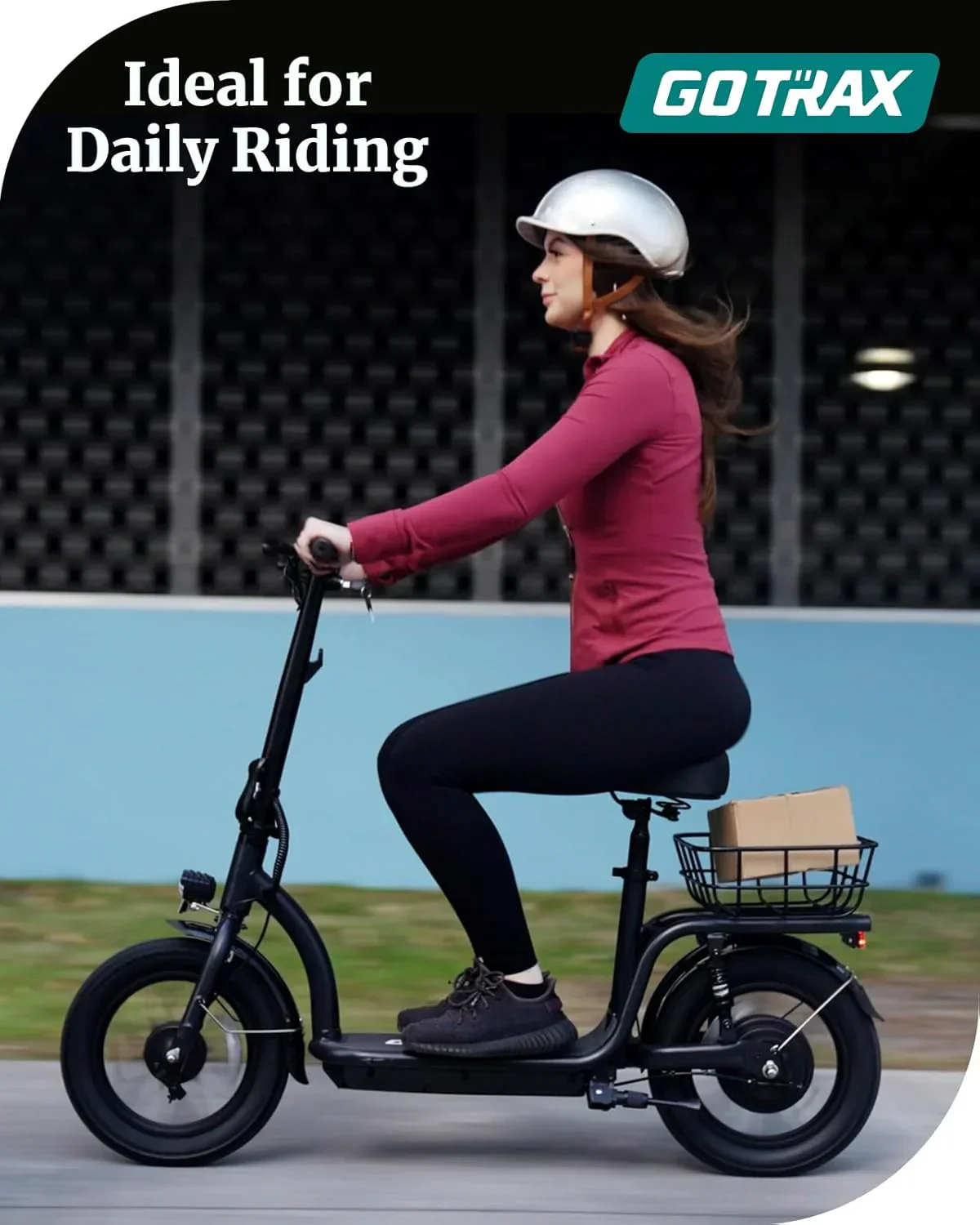 Gotrax adult electric scooter with seat maximum range of 19-25 miles all-terrain tires wide pedals