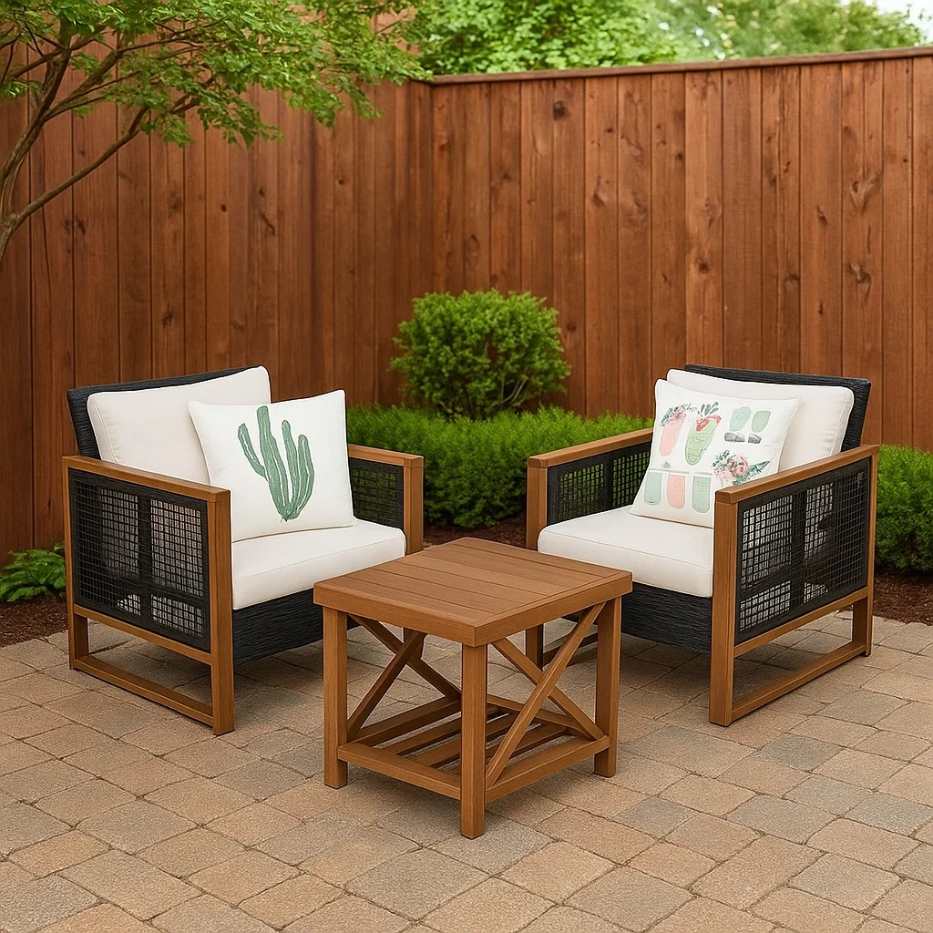Conjunto de jardín para 2 personas, Estructura de ratán y madera, 2 sillones con cojines, 1 mesa baja, Negro y madera natural - bFlKoEa228jb