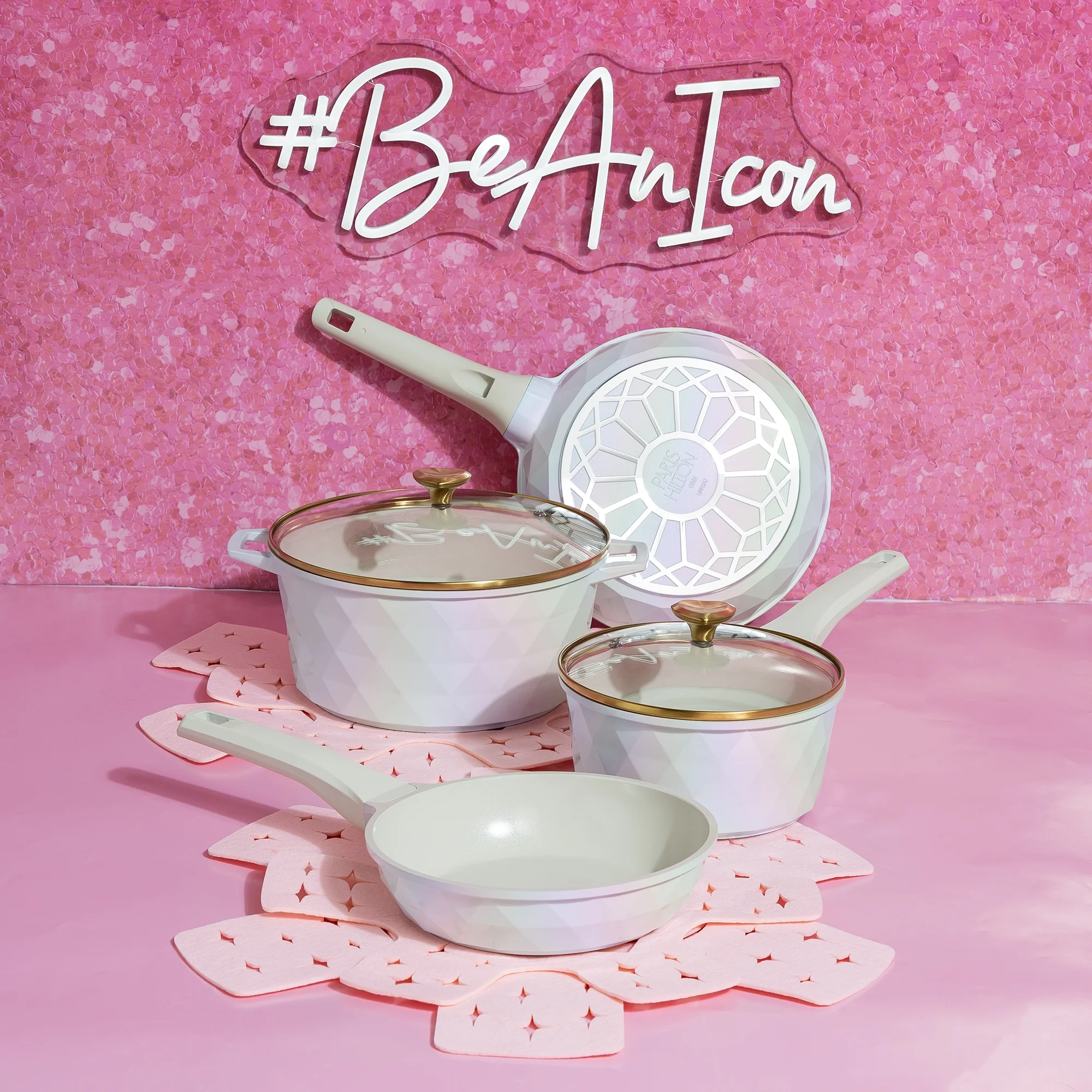 Paris Hilton 10-Piece Ceramic Nonstick Cast Aluminum Cookware Set, Clean Ceramic? Coating, Faceted Pink Design - Image 19
