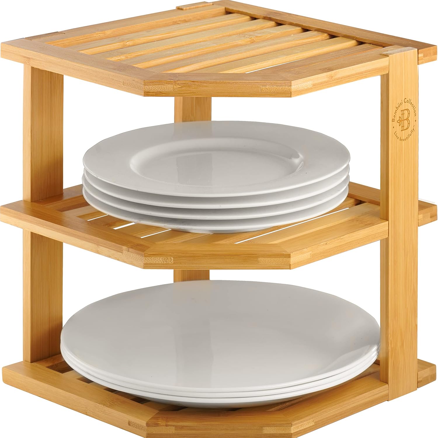 Bambüsi Plate Organizer for Cabinet - 3 Tier Bamboo Corner Cabinet Organizer Shelf for Plates Bowls Mugs Cups, Kitchen Cabinet Organizer, Cabinet Shelf Organizer, Countertop Rack, 10 x 10 x 9.5 Inch