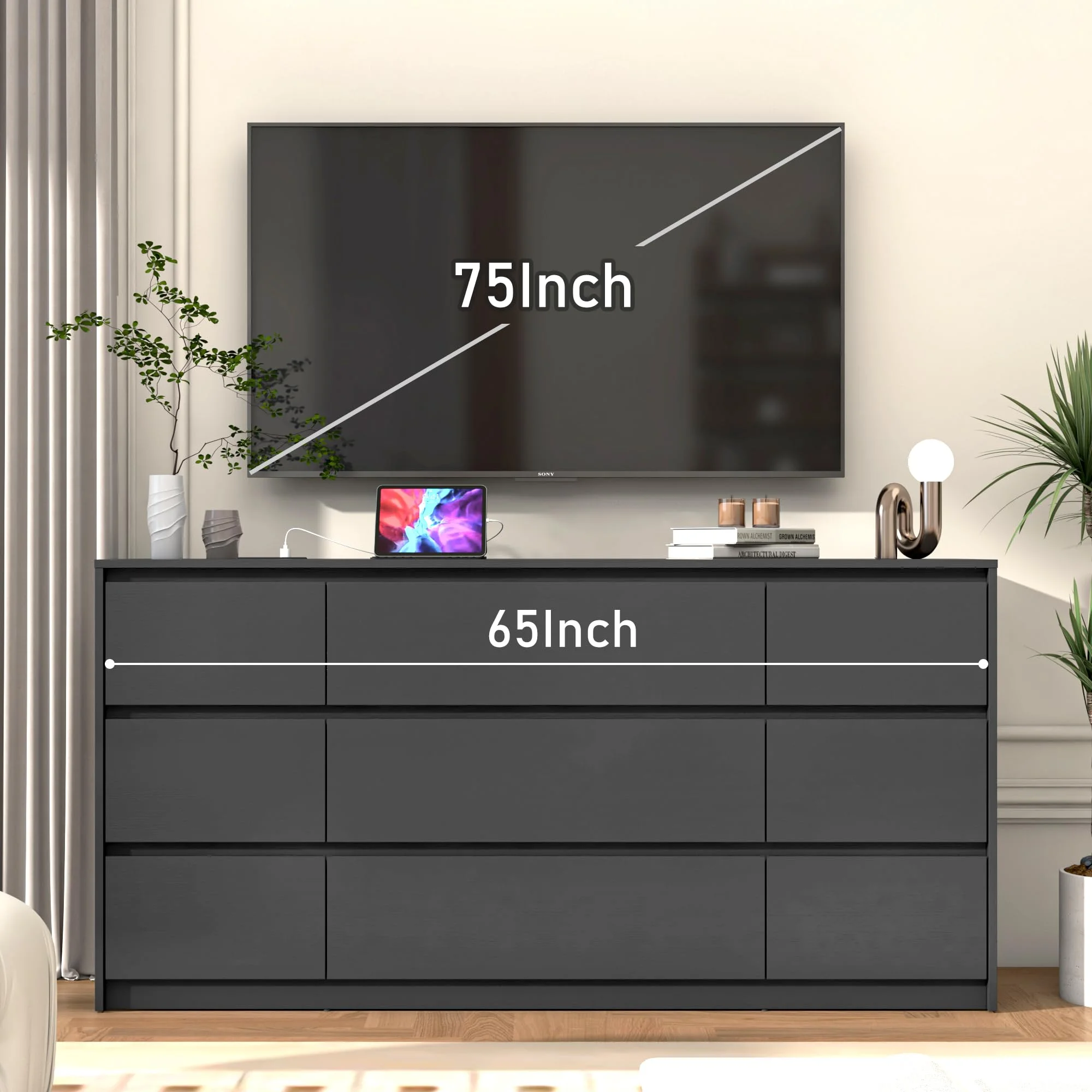 ChVans Black 9 Drawers Dresser with Charging Station, 63" Long Modern Dresser with 9 Drawers for Bedroom, Large Wood Chest of Drawers Handle Free, Dresser for Bedroom, Living Room, Hallway - Image 10