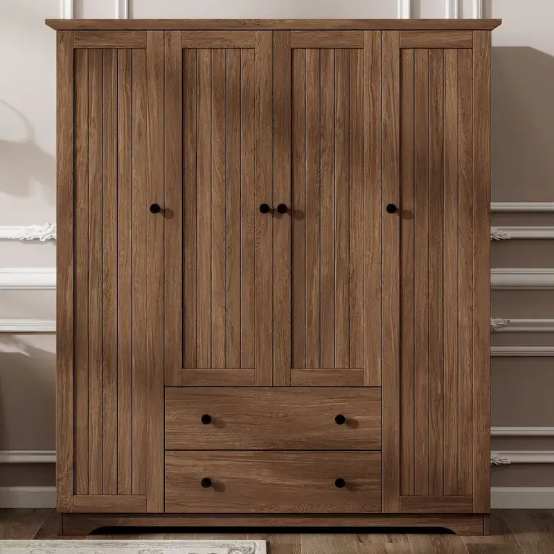 Freestanding 4-Door Wardrobe Armoire with 2 Drawers and Hanging Rods for Clothes Storage