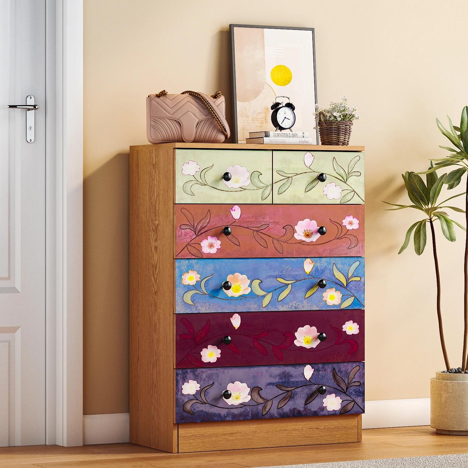 Ktaxon Wood 6-Drawer Dresser Organizer for Bedroom Storage Tower for Entryway Hallway Closet, Tall Chest Organizer Unit with Wood Bins, Floral Painted Wooden - Image 4