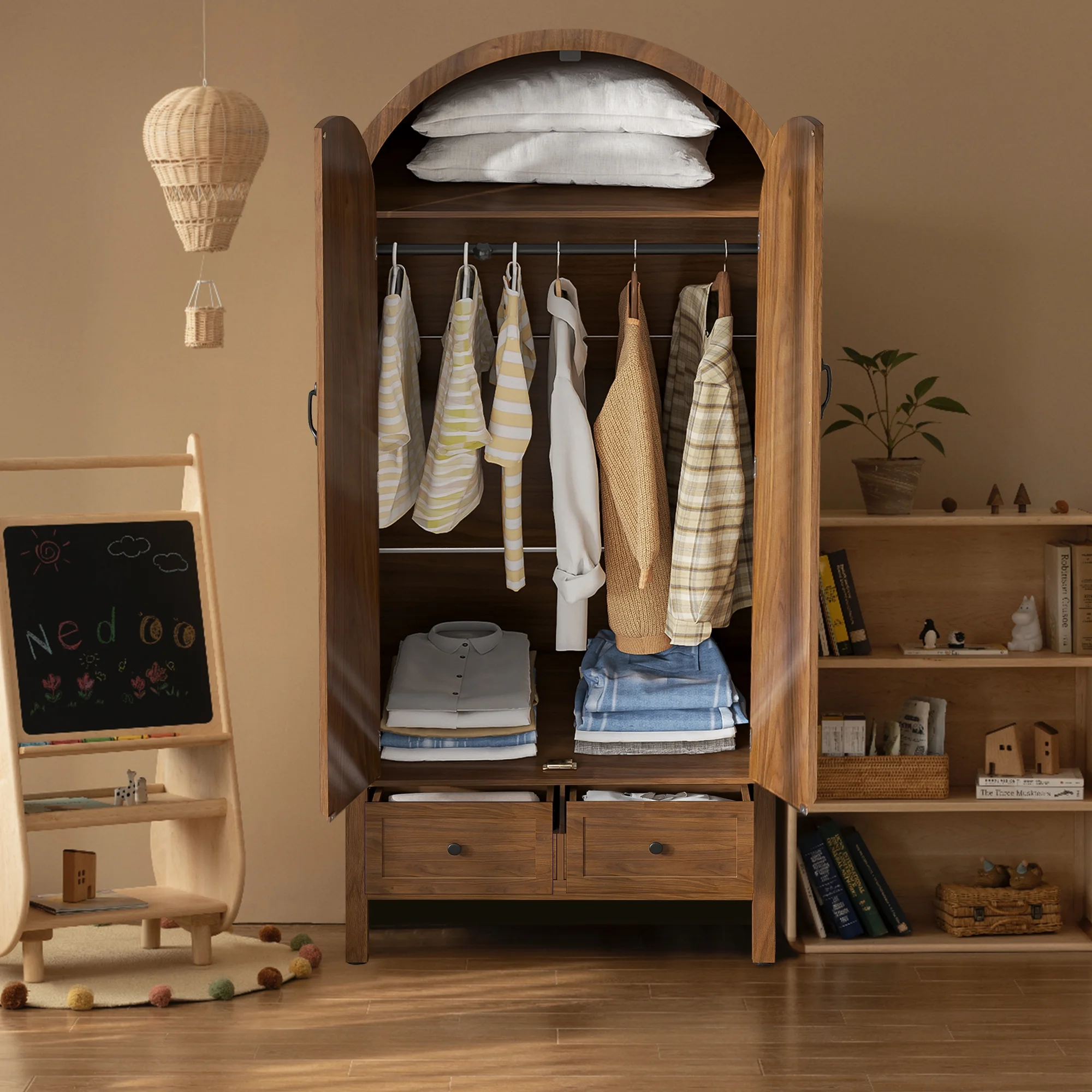 Oubayajia Arched Armoire Wardrobe Closet with Fluted Doors, Wooden Wardrobe Closet with Drawers, Shelves and Hanging Rod for Bedroom - Image 6