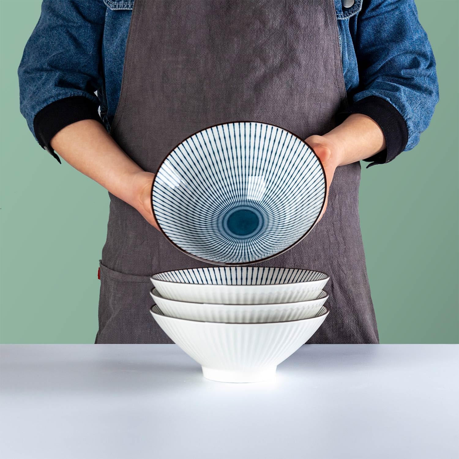 38 oz Japanese Ramen Bowls Set of 4, Large Pho Bowls, 8 Inch Ceramic Blue and White Soup Bowls, Striped Pattern