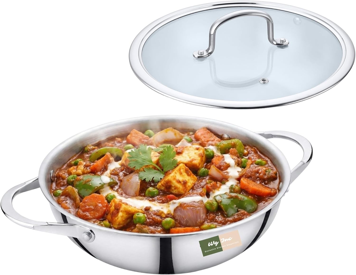 Stainless Steel Wok with Glass Lid, 5.2 QT - 12 Inch / 30 CM Tri-ply Kadhai, Large Wide & Deep Cookware Stir Fry Pans, Dishwasher & Oven Safe, Non Toxic Cooking Wok Pan, Induction Compatible