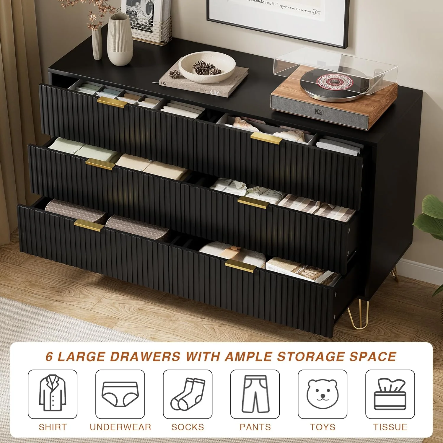 FURNIWAY White 6 Drawer Dresser for Bedroom, Modern Dresser with Gold Metal Handles,Fluted Wood TV Stand for Living Room, Hallway - Image 14