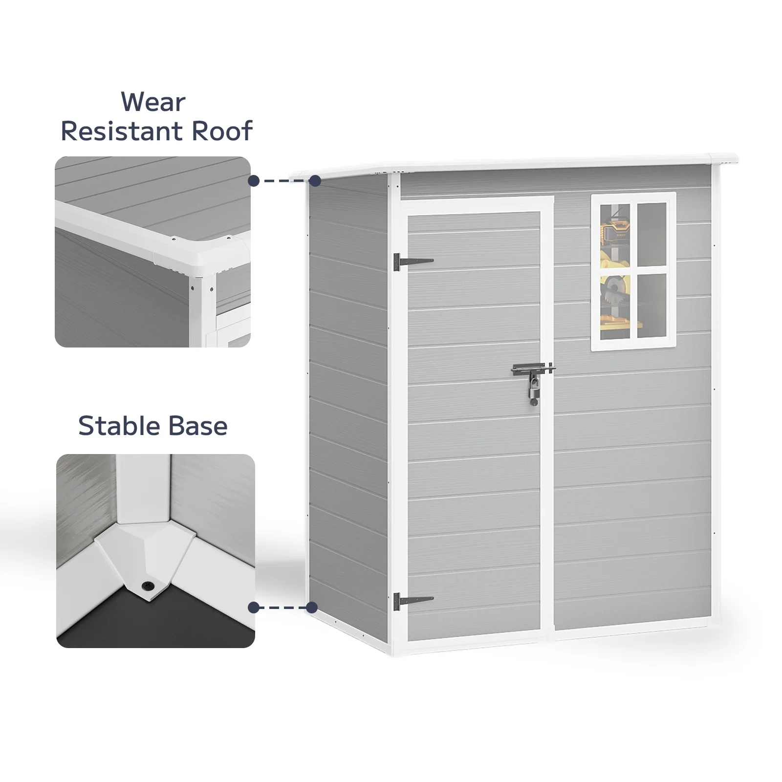 5x3ft-16.6 sq. ft.- Outdoor Storage Shed, Asofer Resin Storage Shed, Plastic Garden Shed for Garden, Gray - Image 6