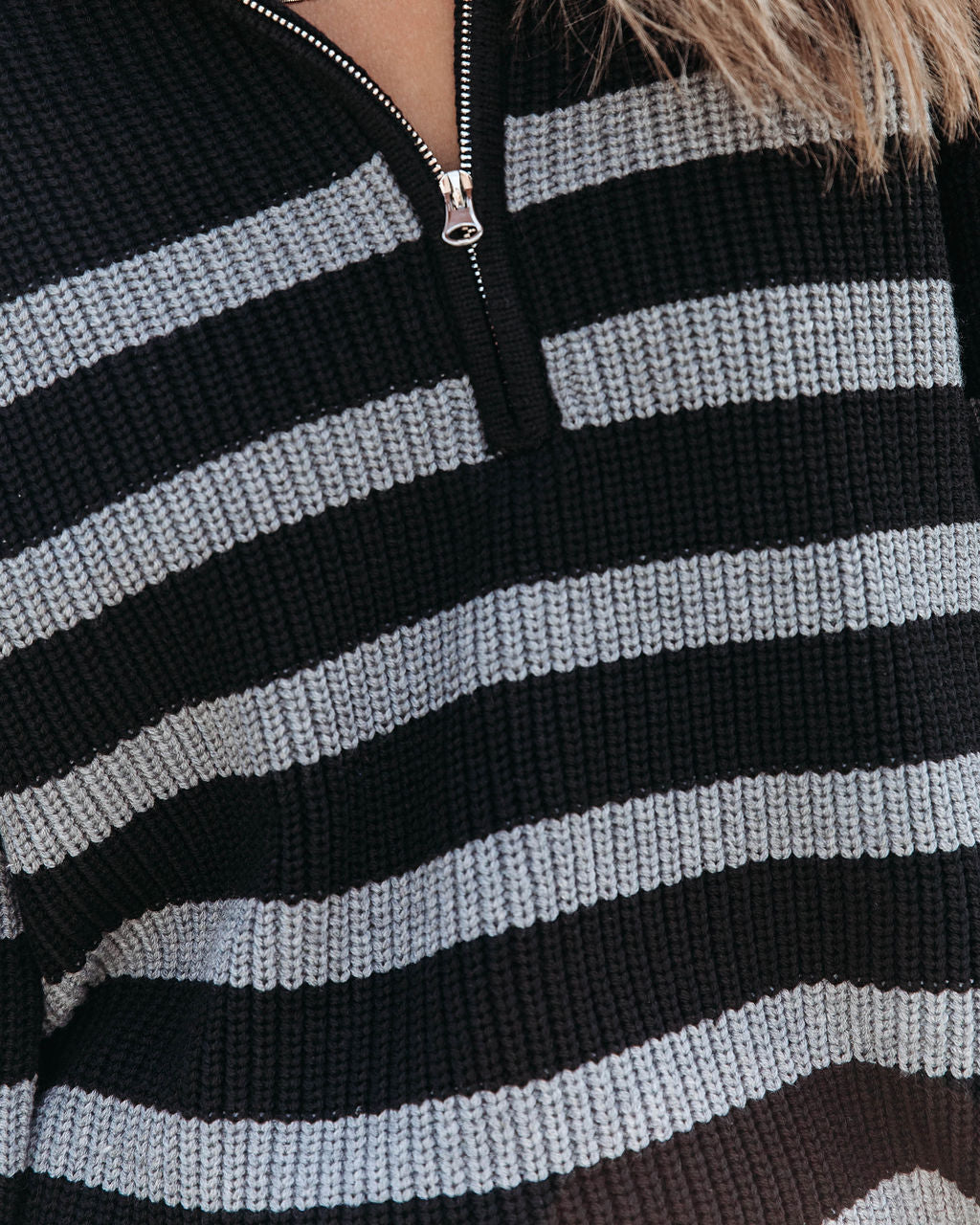 Nyla Striped Knit Half Zip Pullover Sweater - Black - Se7enfashion