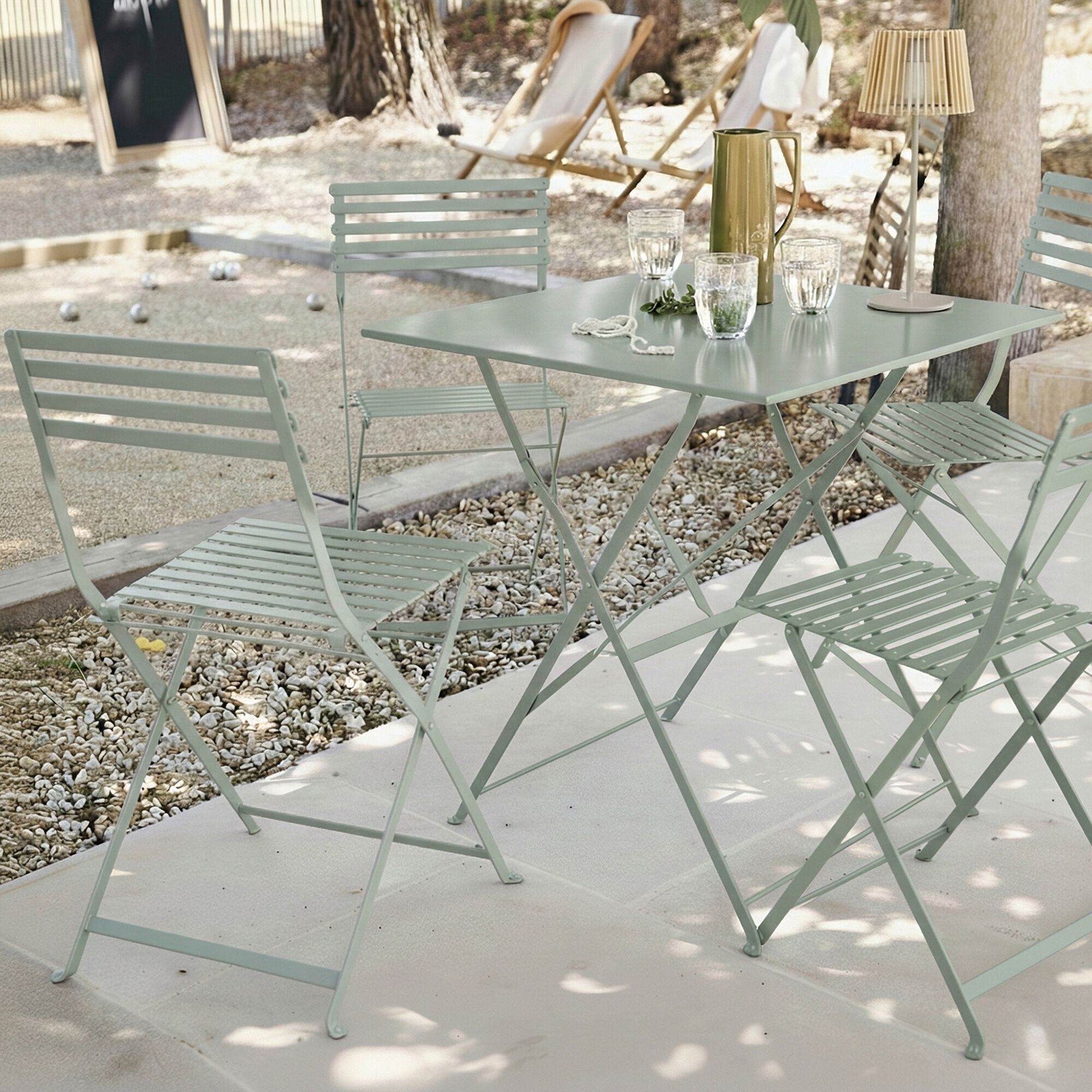 CERVIONE - Ensemble table carrée et chaises de jardin en acier - vert olivier (4 places)