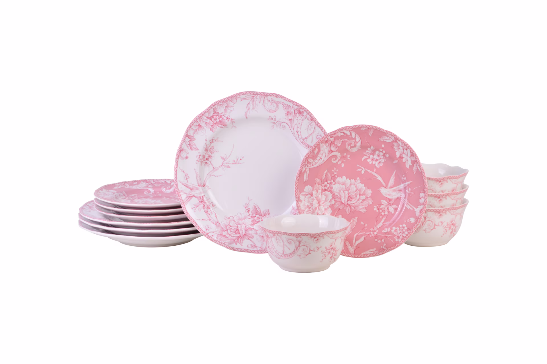 222 Fifth Adelaide Brown on White Porcelain 12 Piece Dinnerware Set, Plates & Bowls, Service for 4 - Image 3
