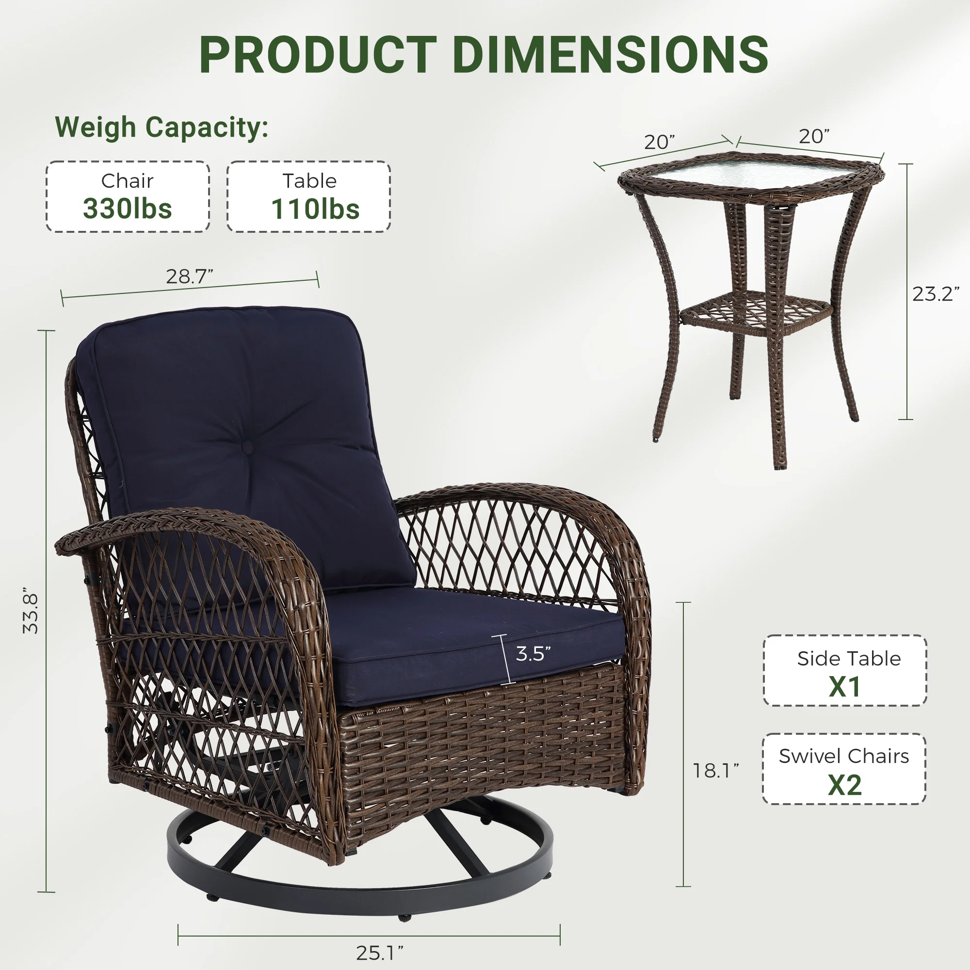 3 Piece Patio Swivel Rocker Chairs Set, 2 360-Degree Swivel Rocking Chairs with 1 Glass Top Table, PE Rattan Outdoor Bistro Set with Cushions for Balcony Deck Poolside Backyard Porch - Image 19