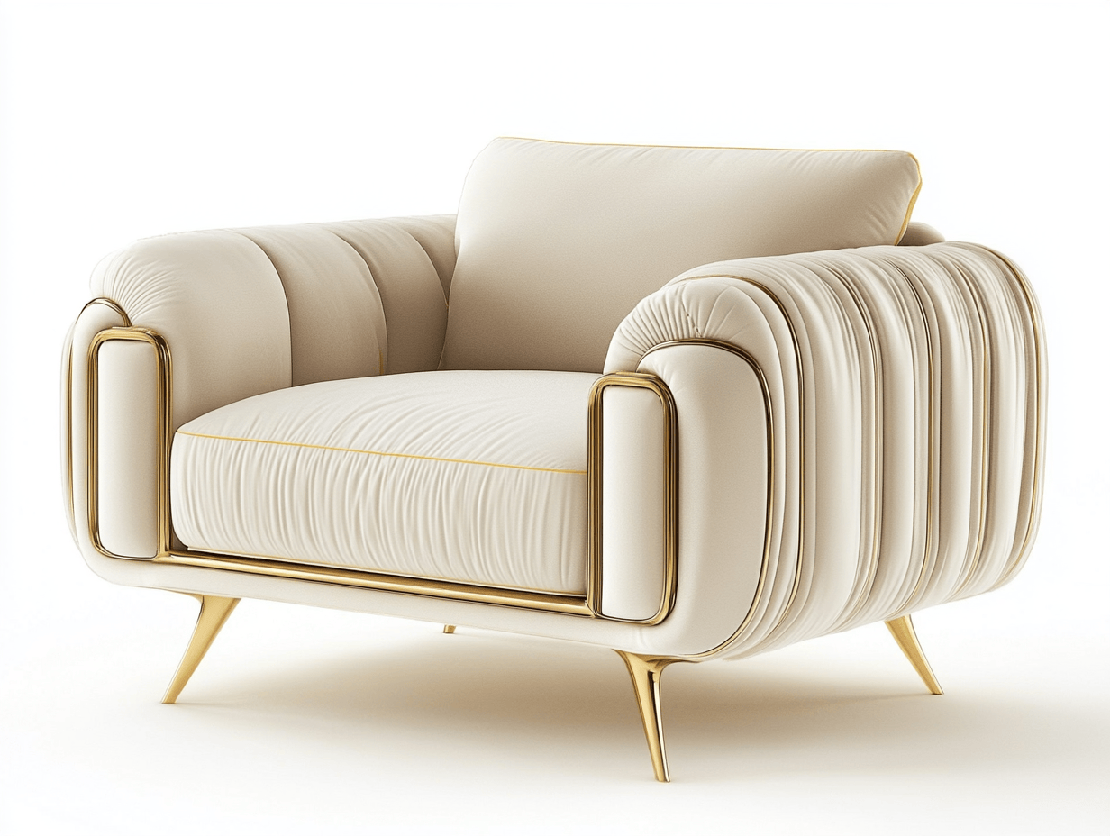 Sillón tapizado color crema con estructura dorada y diseño acolchado elegante, 94x88x76cm