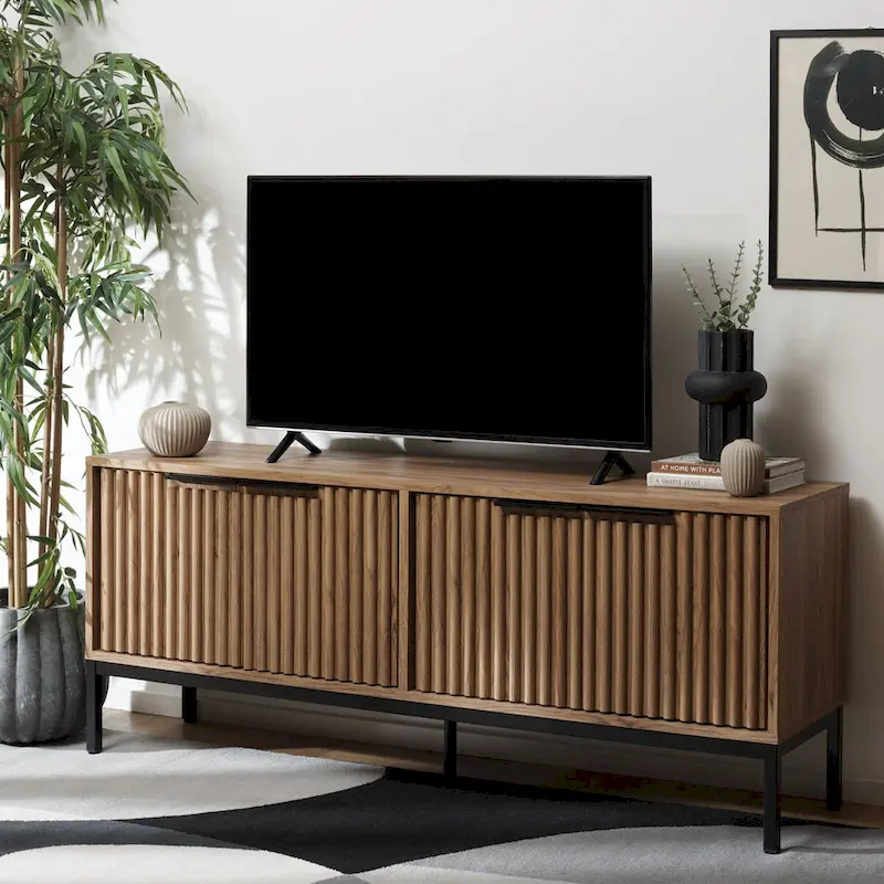 Mid Century TV Stand with Tambour Doors and Storage Drawers