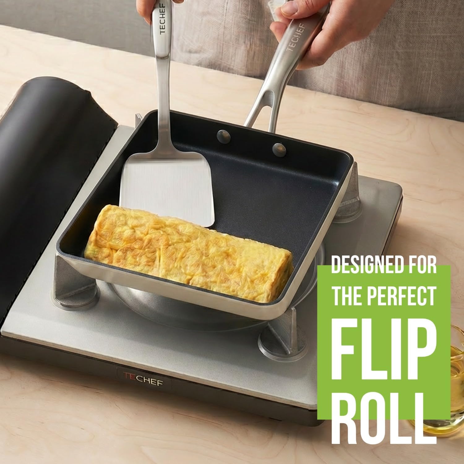 TeChef Collection | Ceramic Nonstick Egg Frying Pan, Nontoxic - Nontoxic - Free of PFAS, PFOA, PTFE, Made in Korea (Square Pan)