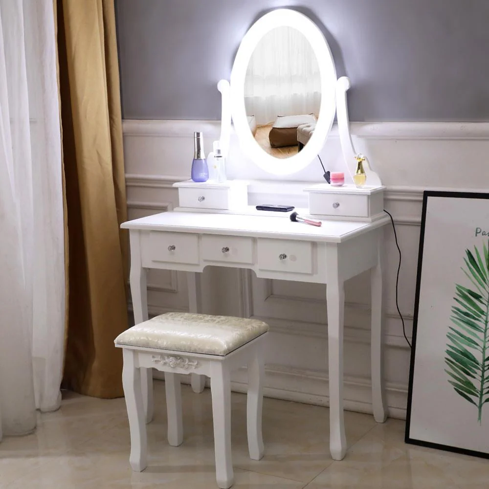 Ktaxon Vanity Table 10 LED Lights, 5 Drawers Makeup Dressing Desk with Cushioned Stool Set,Bedroom Vanities Set White - Image 4