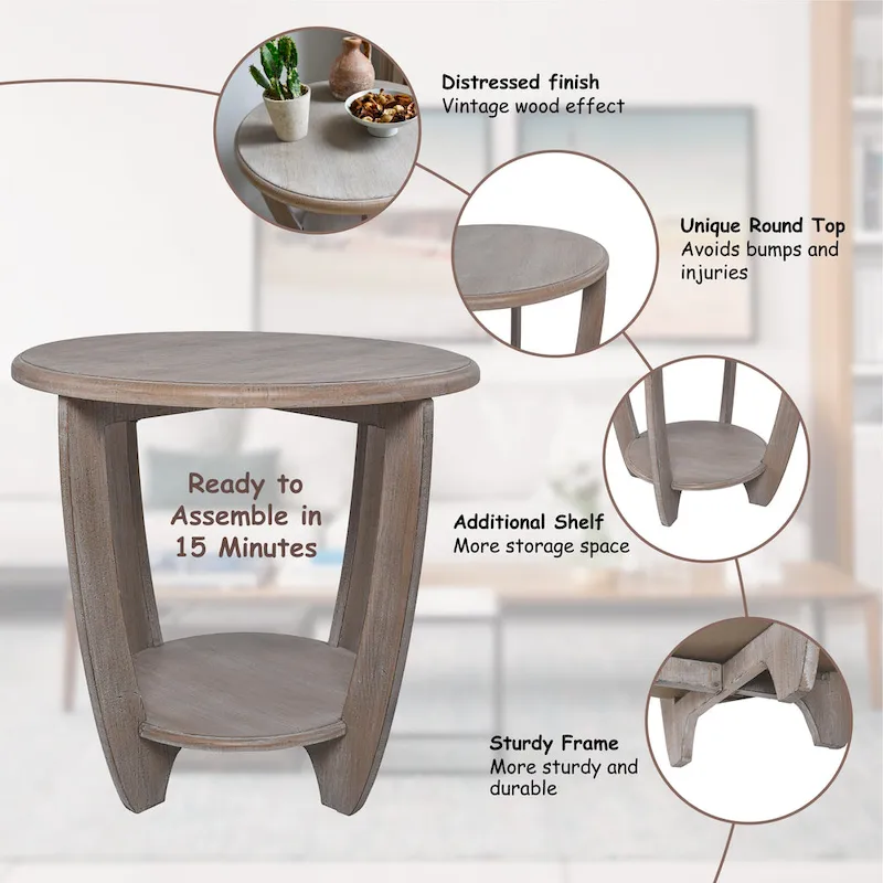COZAYH Set of 2 Rustic Farmhouse End Tables with Storage Shelf - Vintage Grey French Country Accent Side Tables