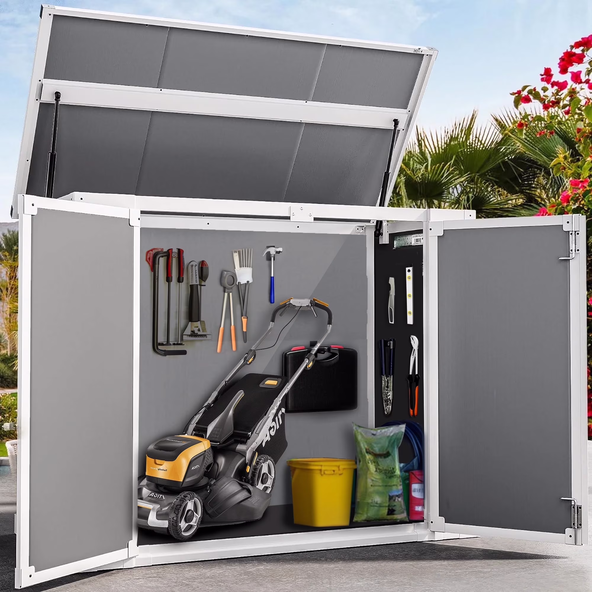 5'-3' Outdoor Storage Shed, Resin Storage Cabinet, Garden Tool Shed with Double Lockable Doors, Organizer Cabinet for Patio Yard, Gray - Image 3