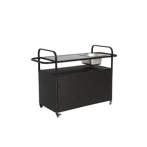 Yiweny Outdoor Rolling Wicker Bar Cart, Large Portable Outdoor Wicker Bar Table with Cabinet Storage and Glass Countertop, Patio Wicker Serving Bar Cart for Pool, Party, Backyard, Black - Image 9