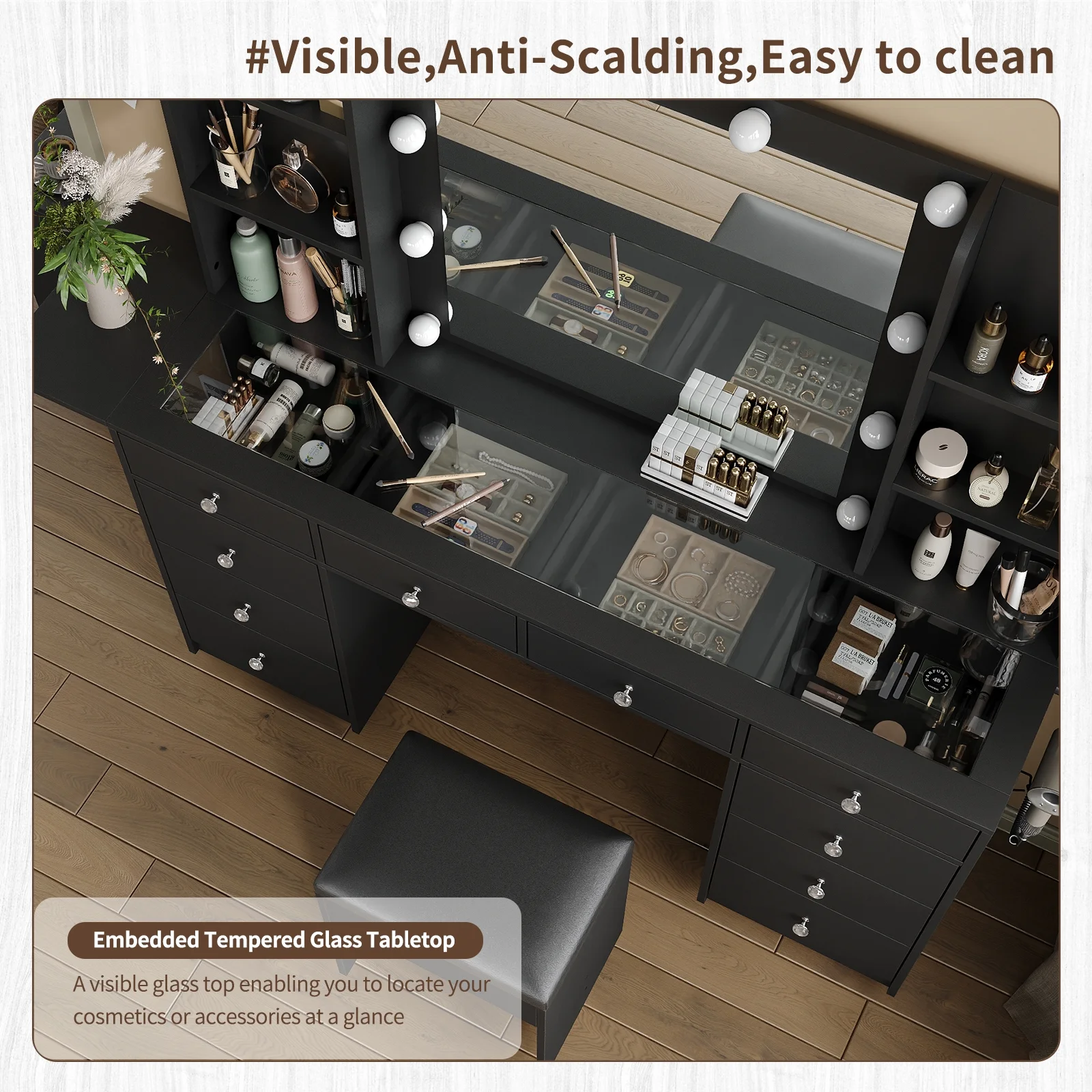 Yanosaku Vanity With Power Outlet, Vanity Desk With Mirror And 10 LED Lights, 10 Drawers Makeup Vanity With 6 Shelves, Fold-Up Panel, Vanity Table With Chair For Bedroom - Image 6