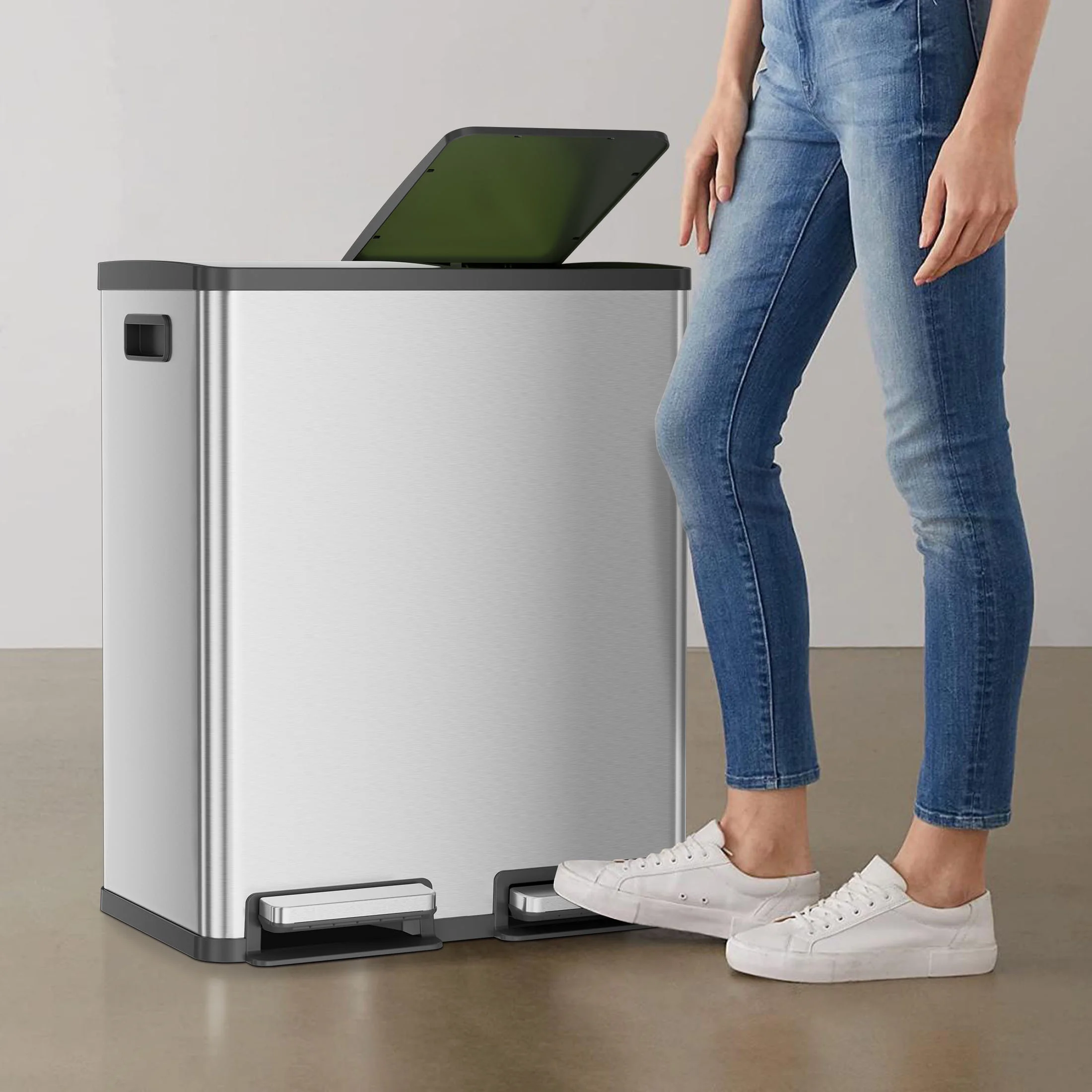 EDX 2 x 8.3 Gallon Dual Garbage Recycle Trash Can with Lid, Inner Buckets for Kitchen, Stainless Steel, Sliver - Image 4