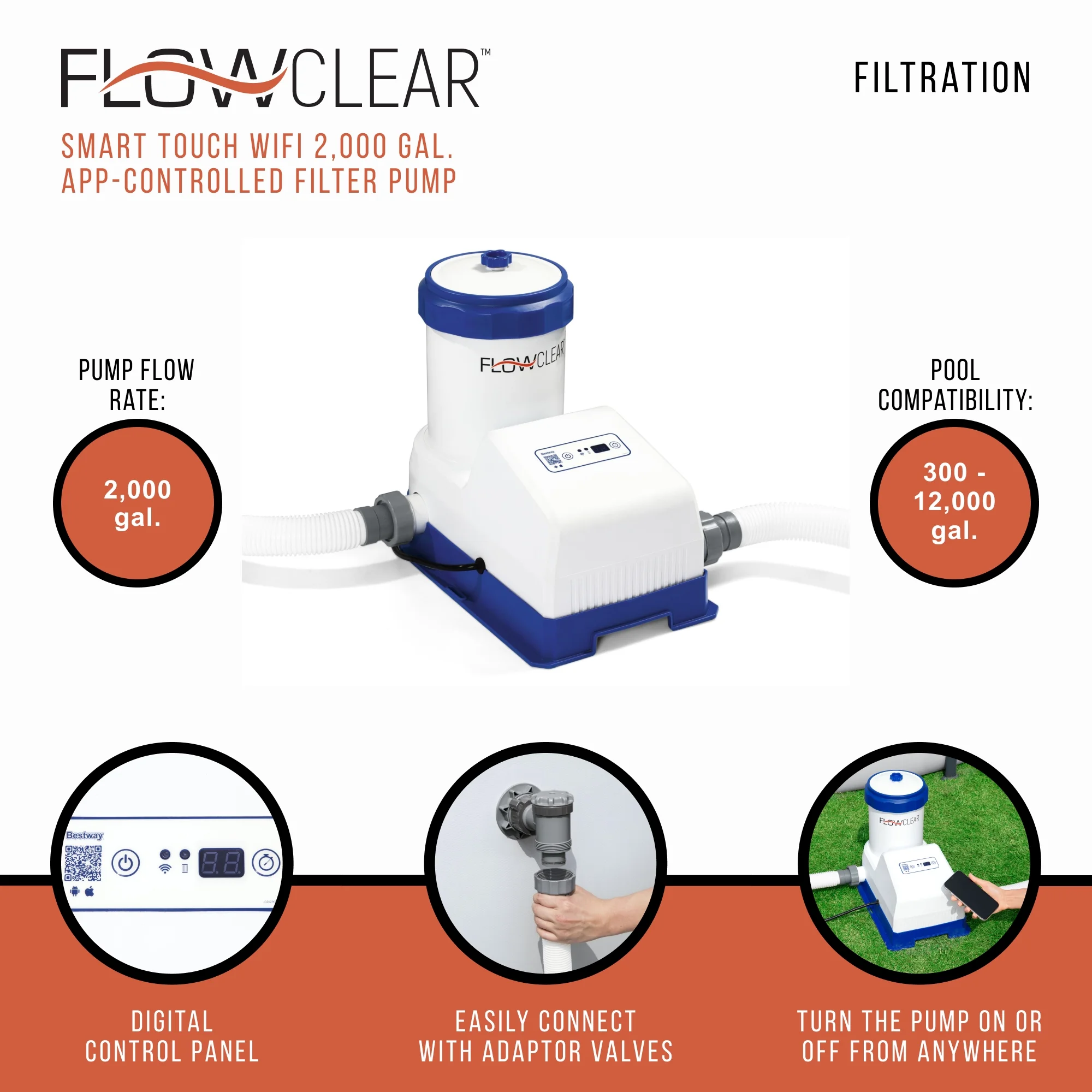 Flowclear 2000 Gal Smart Touch Wifi Above-Ground Pool Pump - Image 6