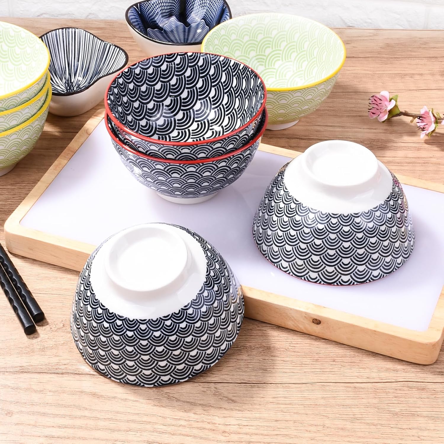 4-Piece Ceramic Small Bowl Set, 4.5-Inch Round Rice Bowls with Black & White Wave Motif, Classic Japanese Style Soup & Cereal Bowls with Red Rim, Microwave & Dishwasher Safe, Stackable