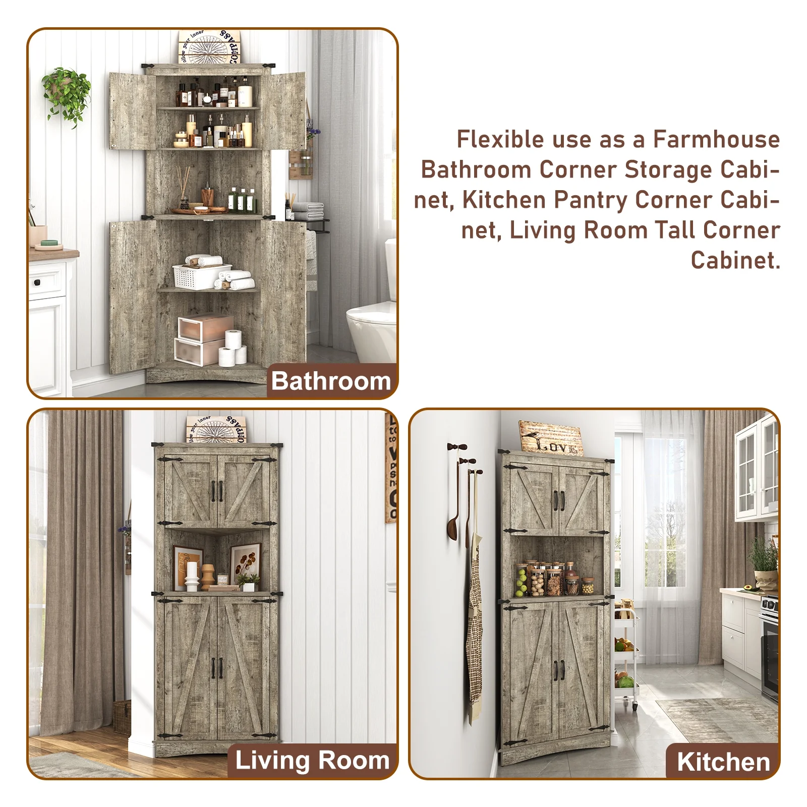 Blotout 68" Tall Farmhouse Corner Cabinet with 4 Doors, 28.3" W Barn Door Storage Cabinet with Adjustable Shelves, 5 Tier Corner Storage Cabinet for Bathroom,Living Room,Kitchen - Image 15