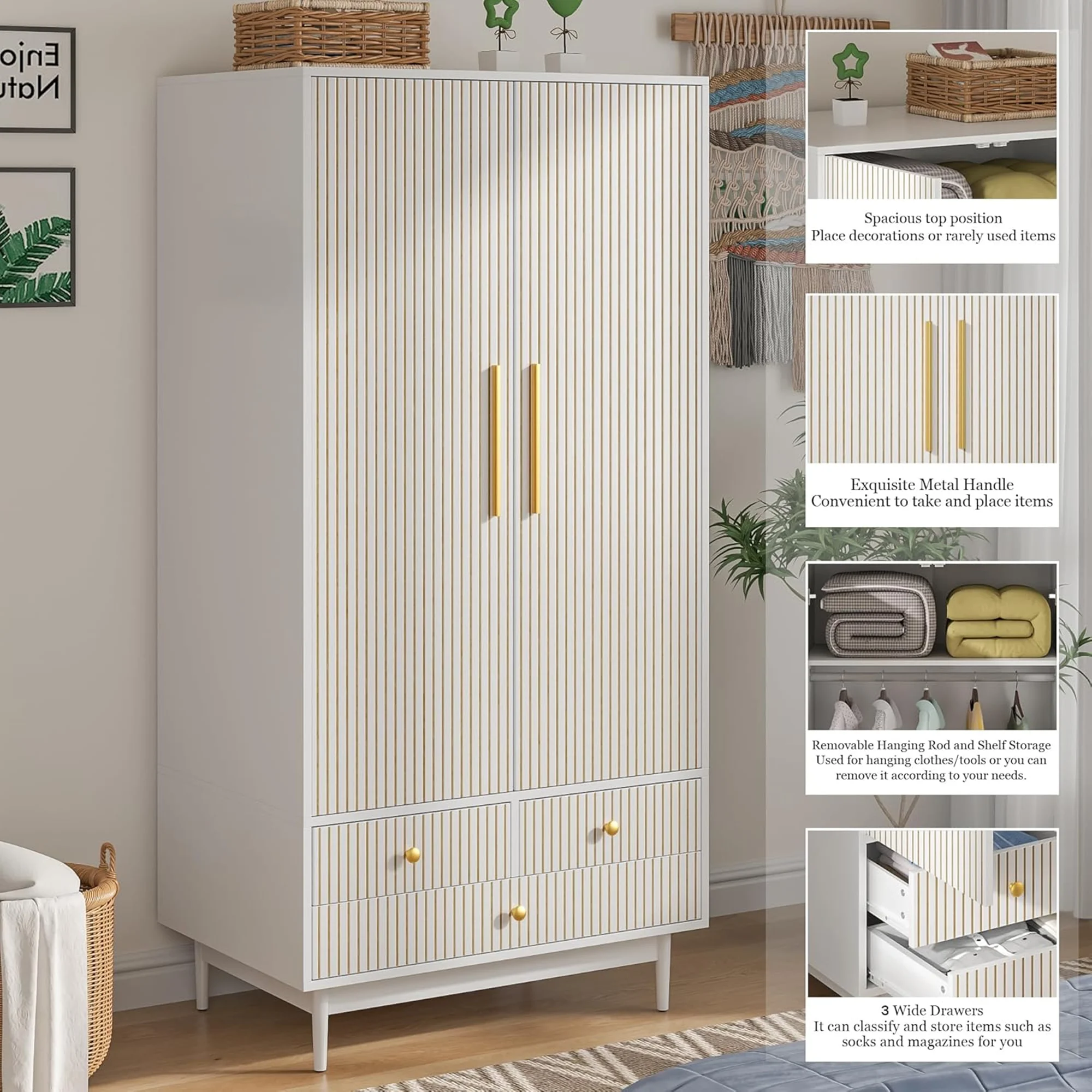 Oubayajia Wardrobe Armoire Closet, 2 Fluted Doors Wardrobe Cabinet with 3-Drawer and Hanging Rod, Wood Wardrobe Storage for Bedroom - Image 18