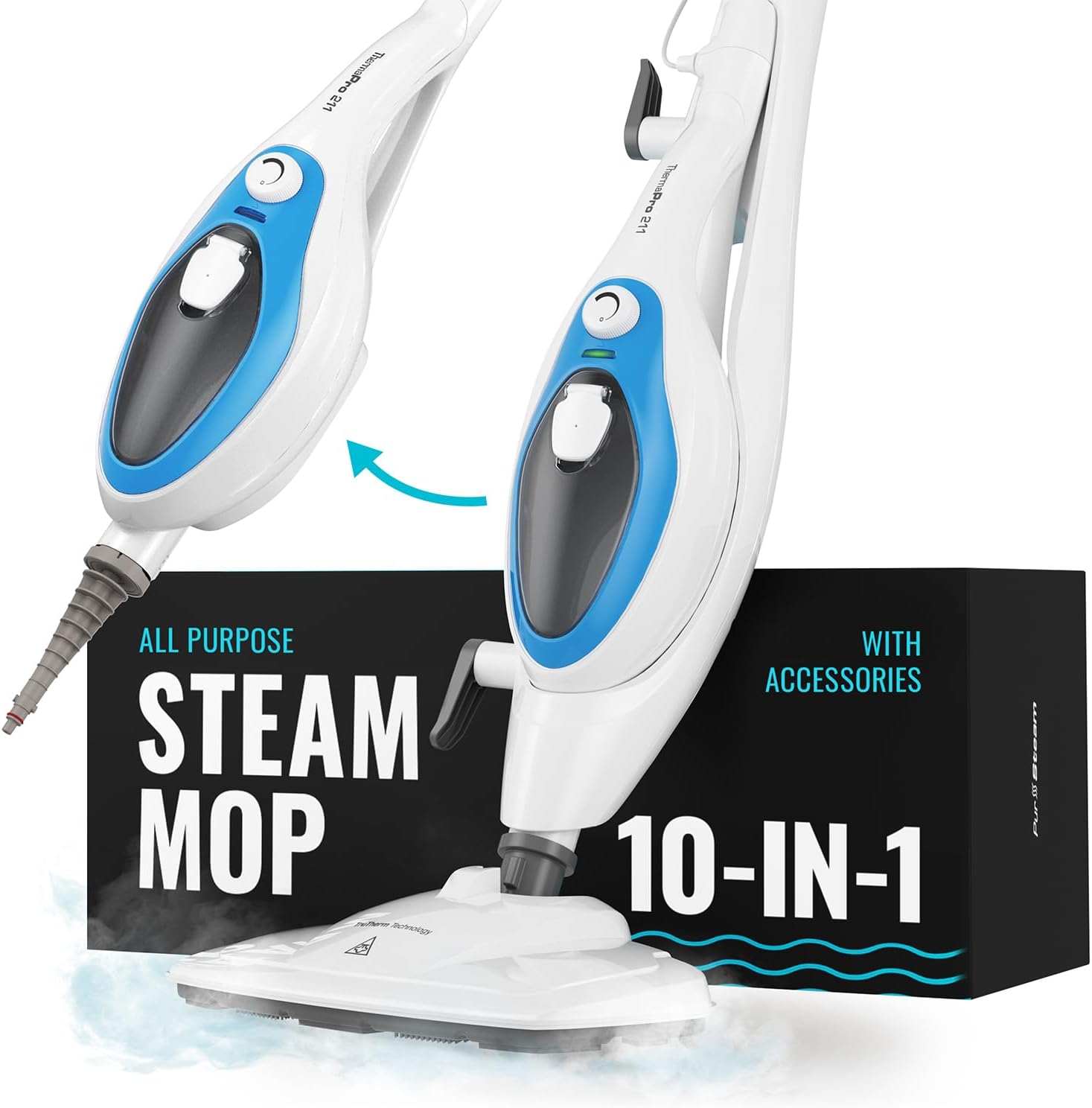 WAYFAIR PurSteam ScrubMaster Steam Mop With Dual Scrubbing Head, LED Headlights, Adjustable Steam Control, Anti-Slip Swivel Head, Cable Holder & Upright Lock