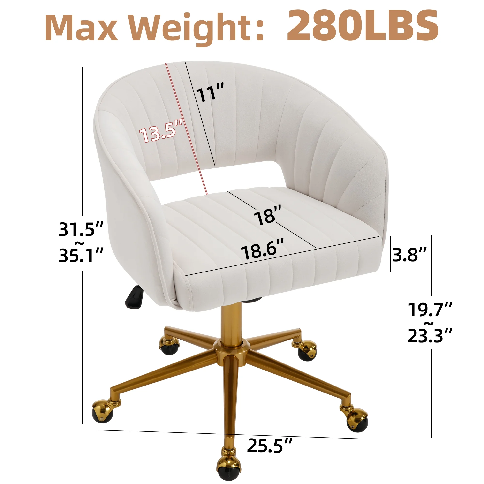 Westice Home Office Desk Chairs, Velvet Task Chair, Height Adjustable Swivel Vanity Chair with Golden Base for Vanity Study, Living Room Computer Room, Beige - Image 4